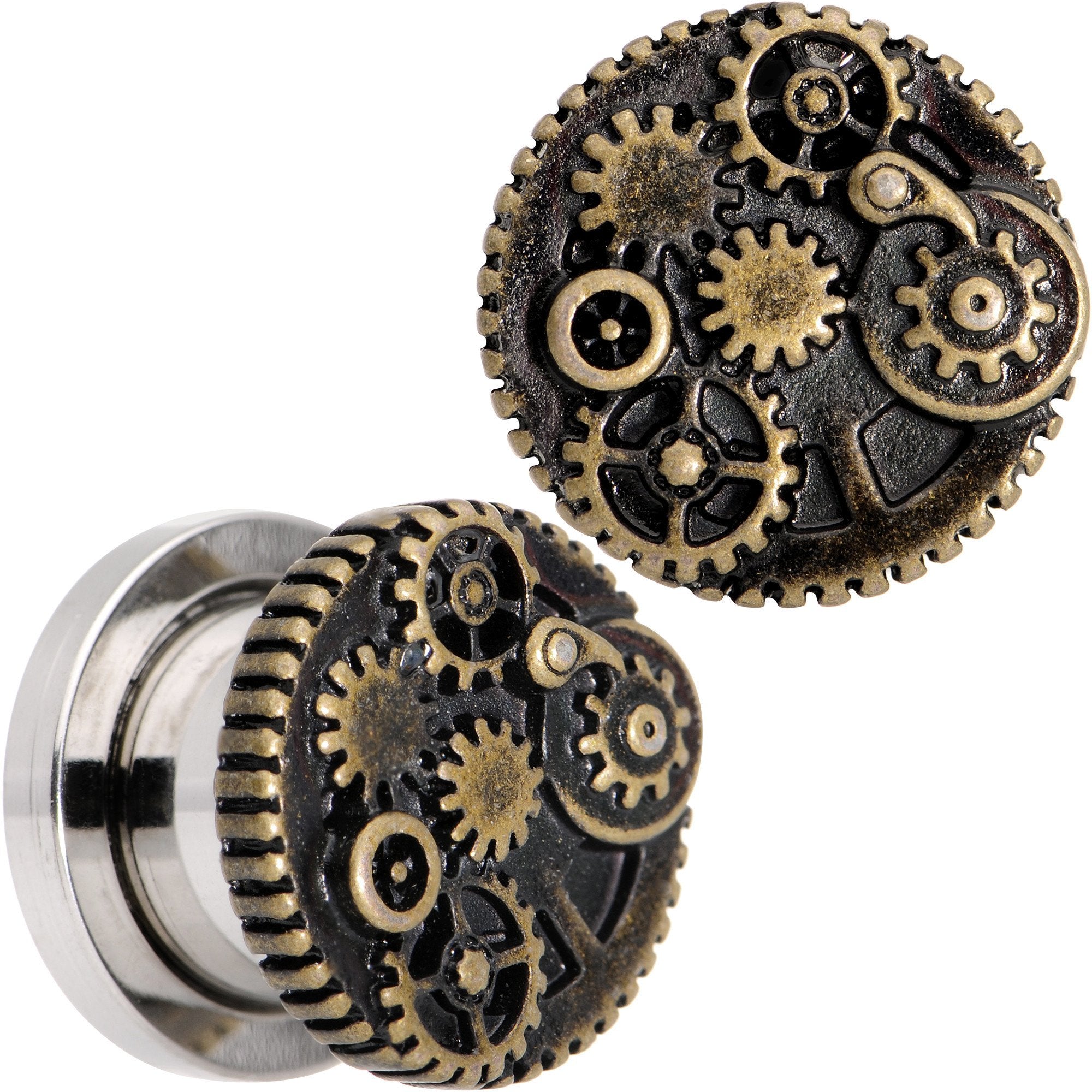 Steampunk Gears and Gizmos Screw Fit Tunnel Plug Set 2G to 1 Inch