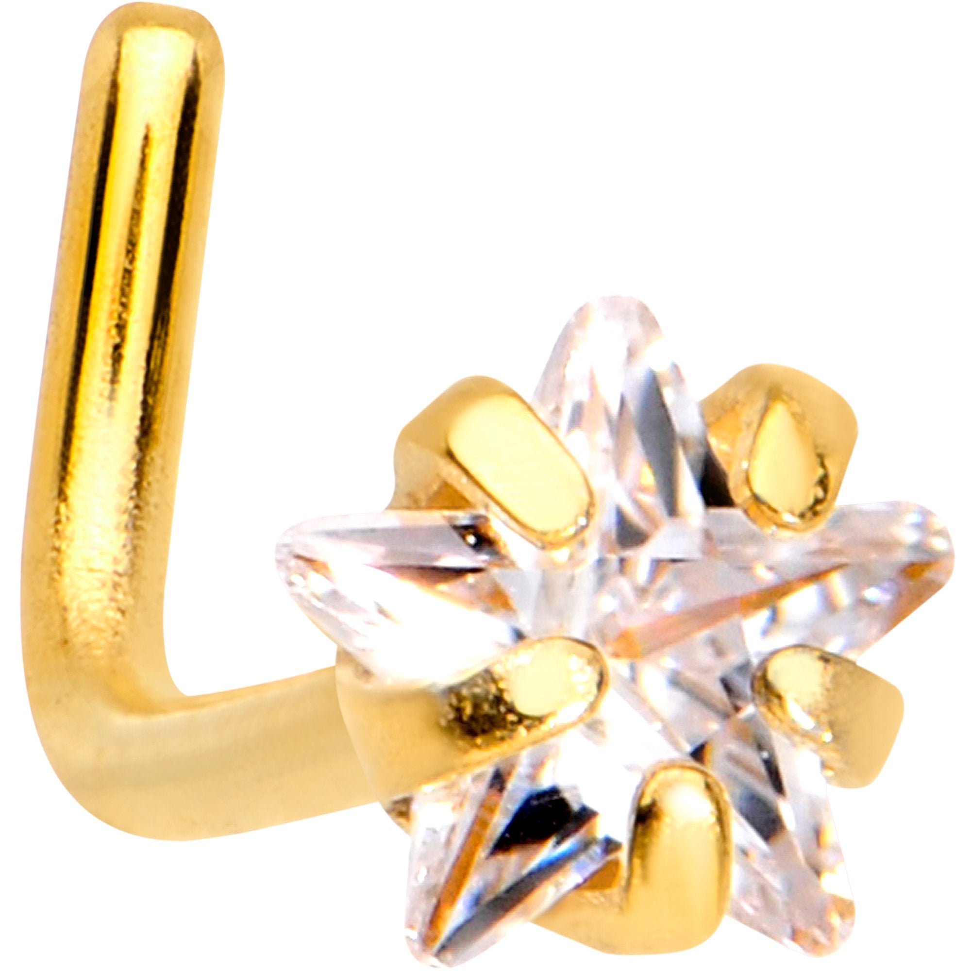 20G 1/4 Clear Star 3mm CZ Gem Gold IP L-Shape Nose Ring