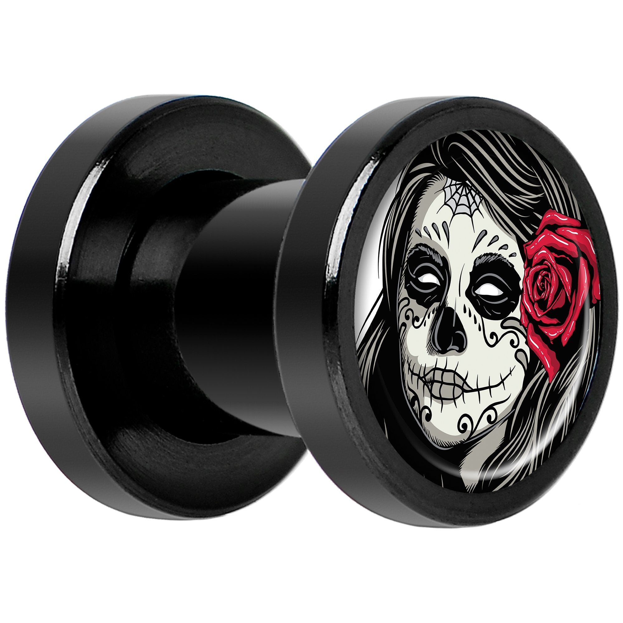 Katrina Sugar Skull Rose Flower Black Anodized Screw Fit Plug Set 2G
