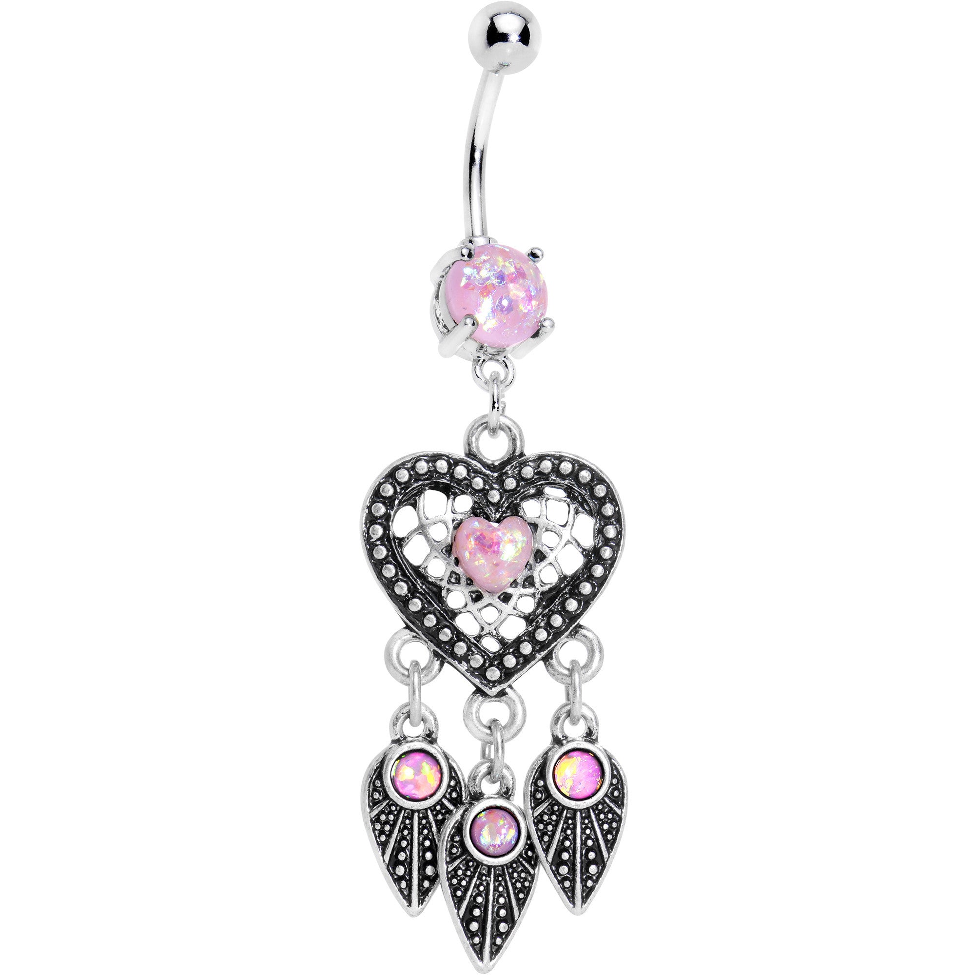 Pink Faux Opal Have a Heart Dreamcatcher Dangle Belly Ring