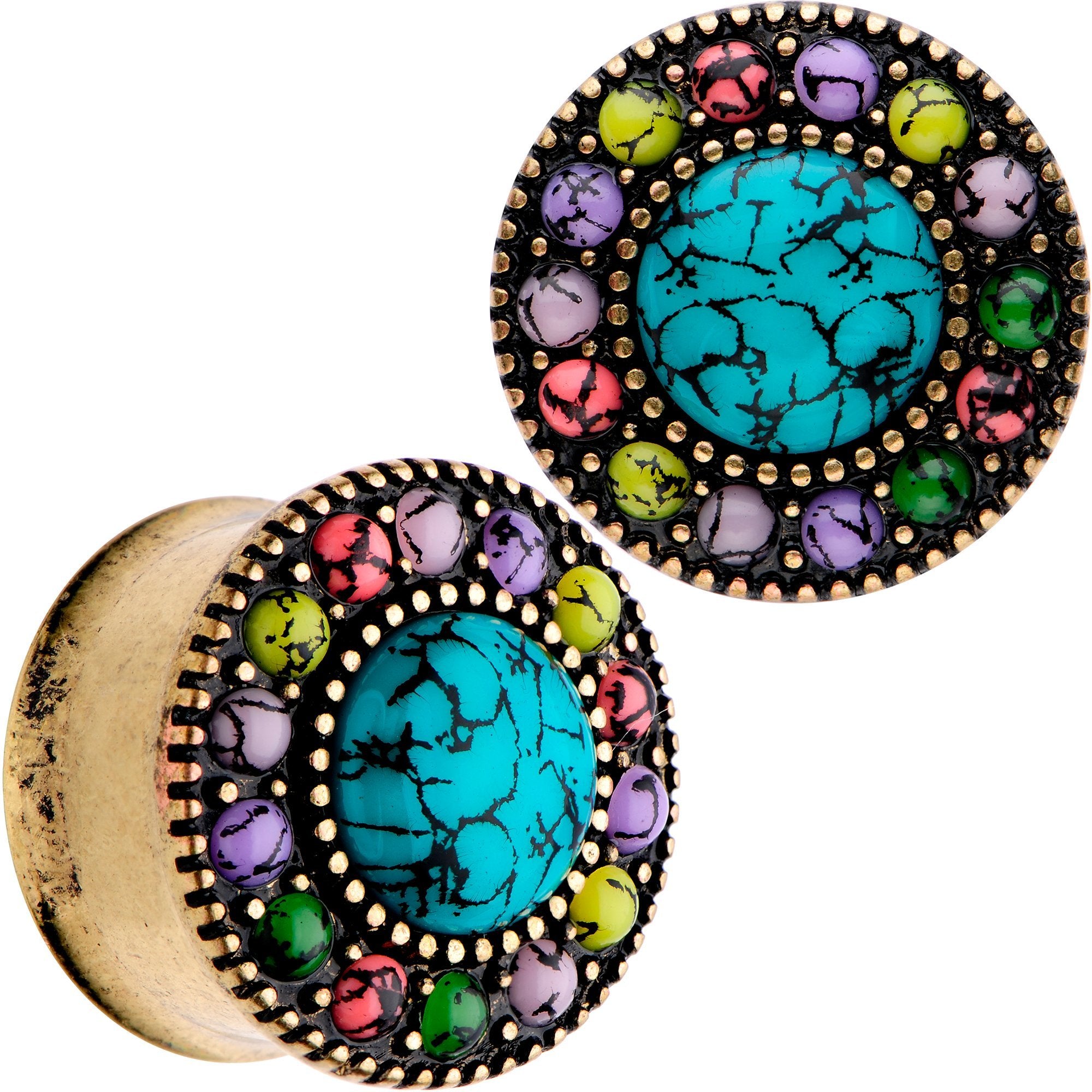 Gold Plated Southwestern Stone Age Double Flare Plug Set 2G to 22mm