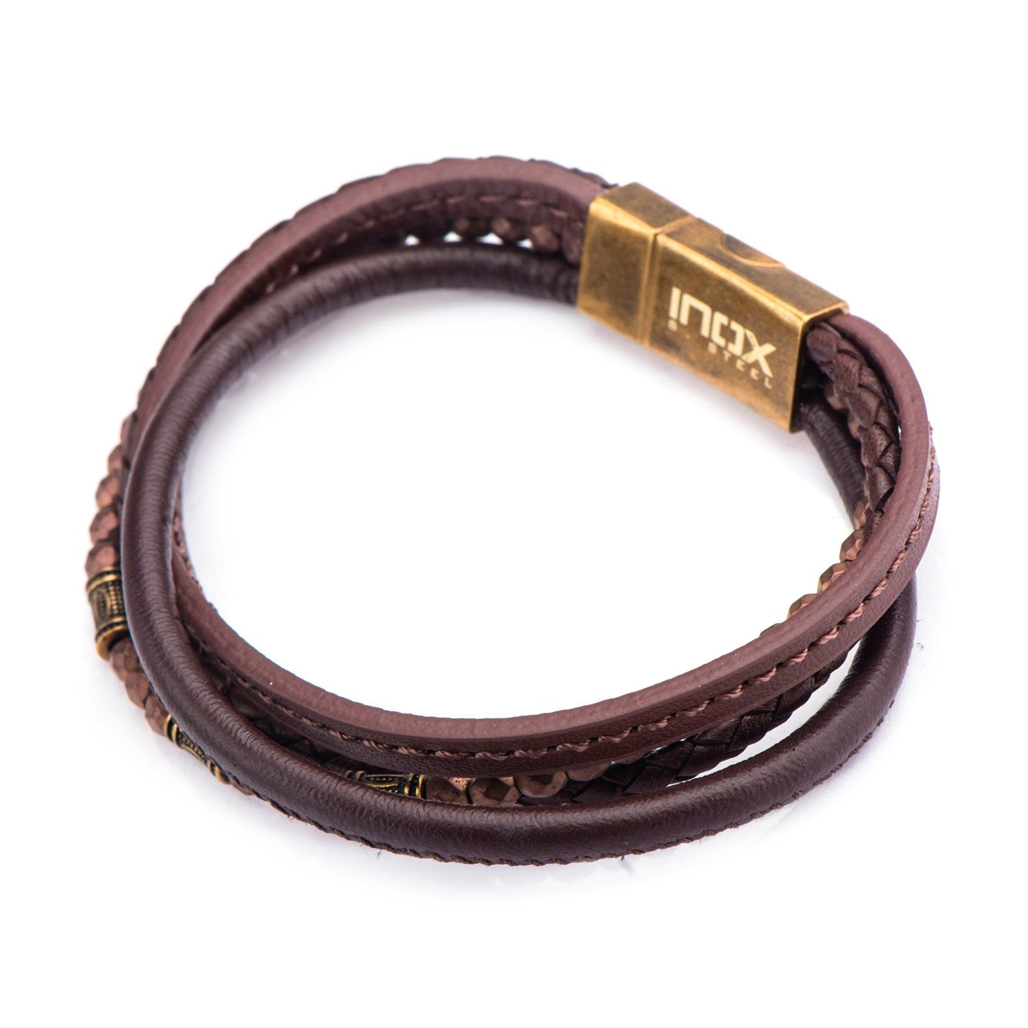 Mens Multi Layered Brown Leather Gold IP Steel Hematite Bead Rope Bracelet