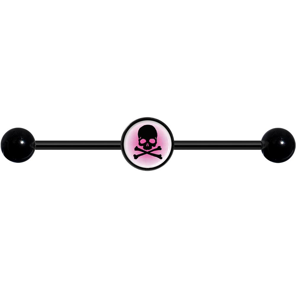 14G Pink Black Skull Black Industrial Barbell 37mm