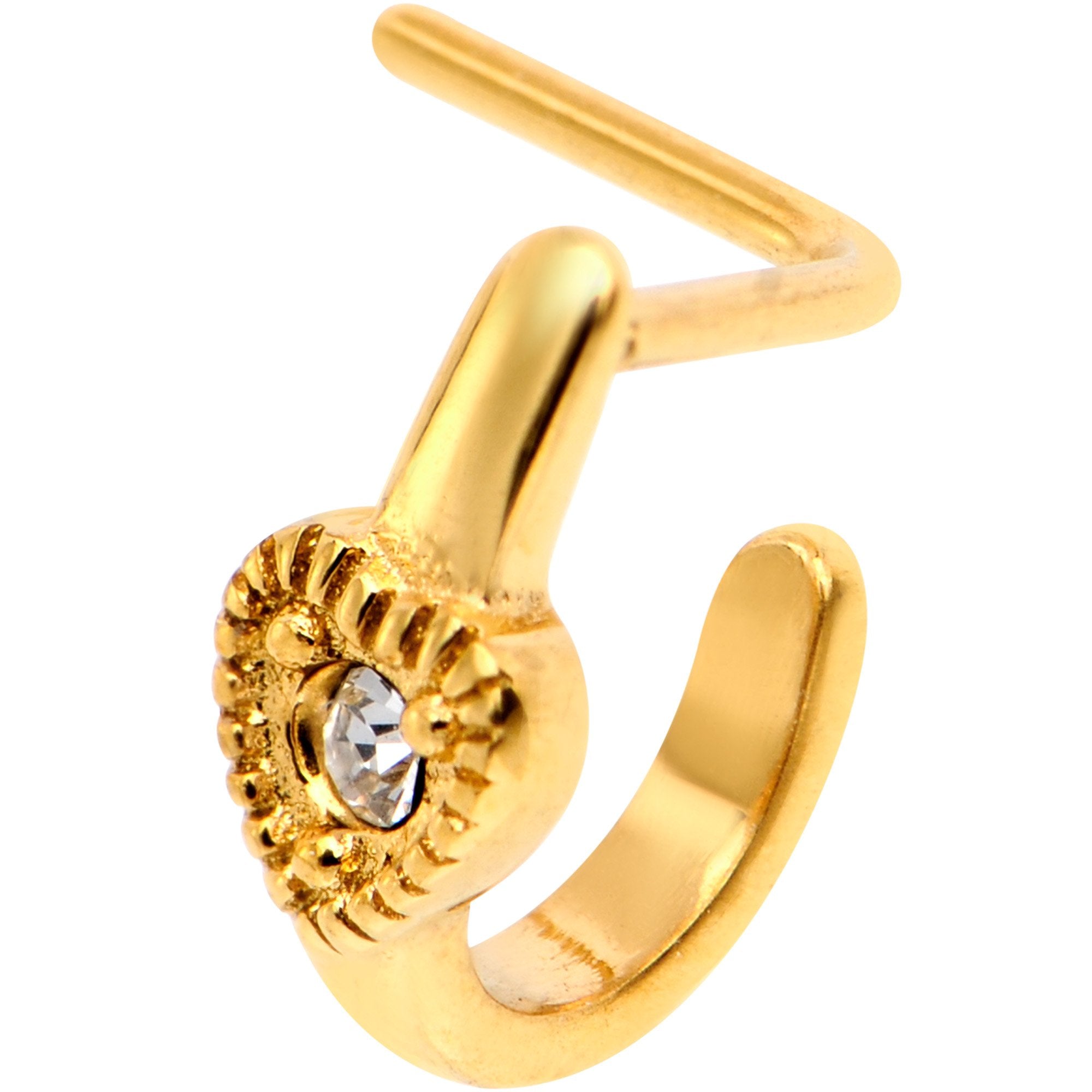 20G Clear Gem Gold Tone Heart Faux Hoop L Shaped Nose Ring