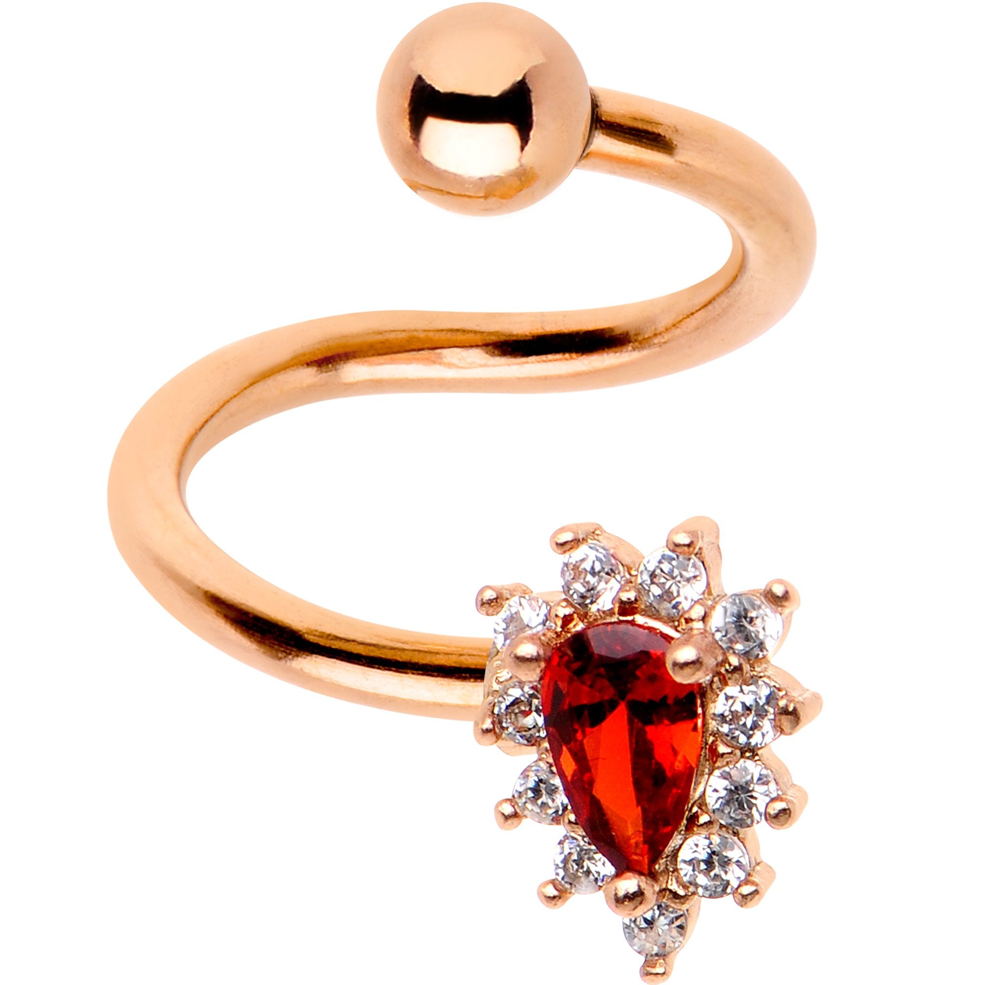 Red CZ Gem Rose Gold PVD Teardrop Spiral Twister Top Mount Belly Ring