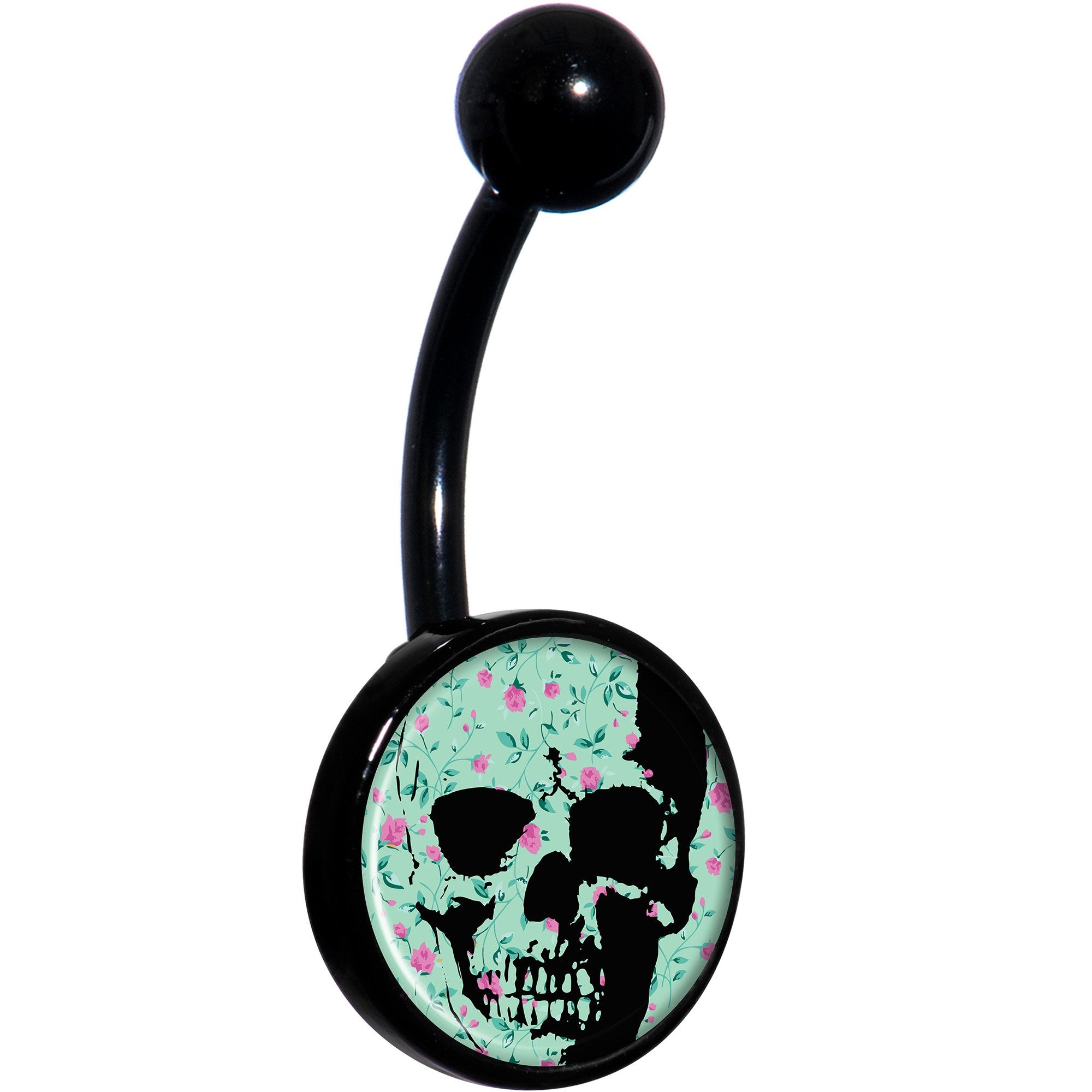 Green Pink Floral Skull Black Hypoallergenic Stainless Steel Belly Ring
