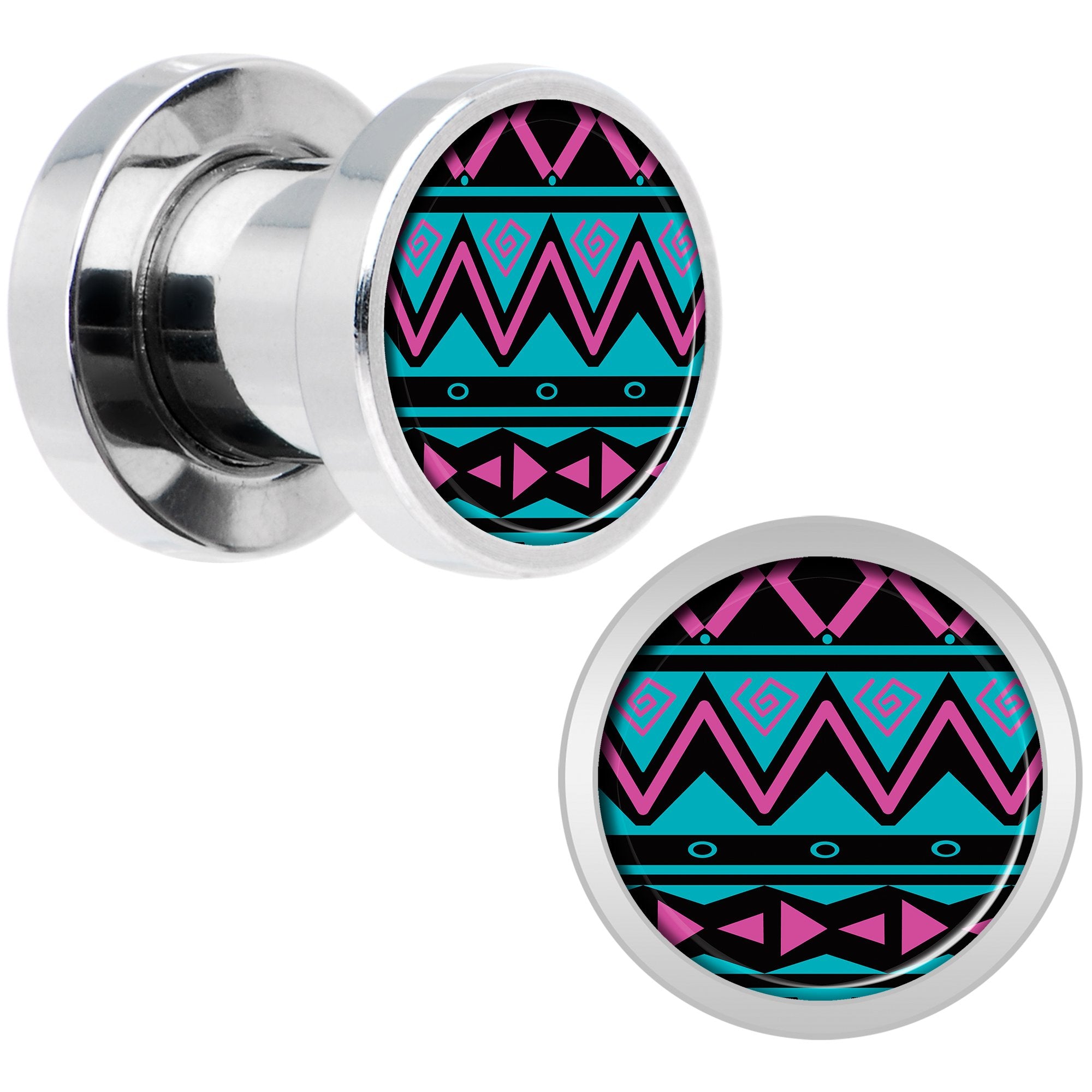 Pink Teal Tribal Print Steel Screw Fit Plug Set 2G