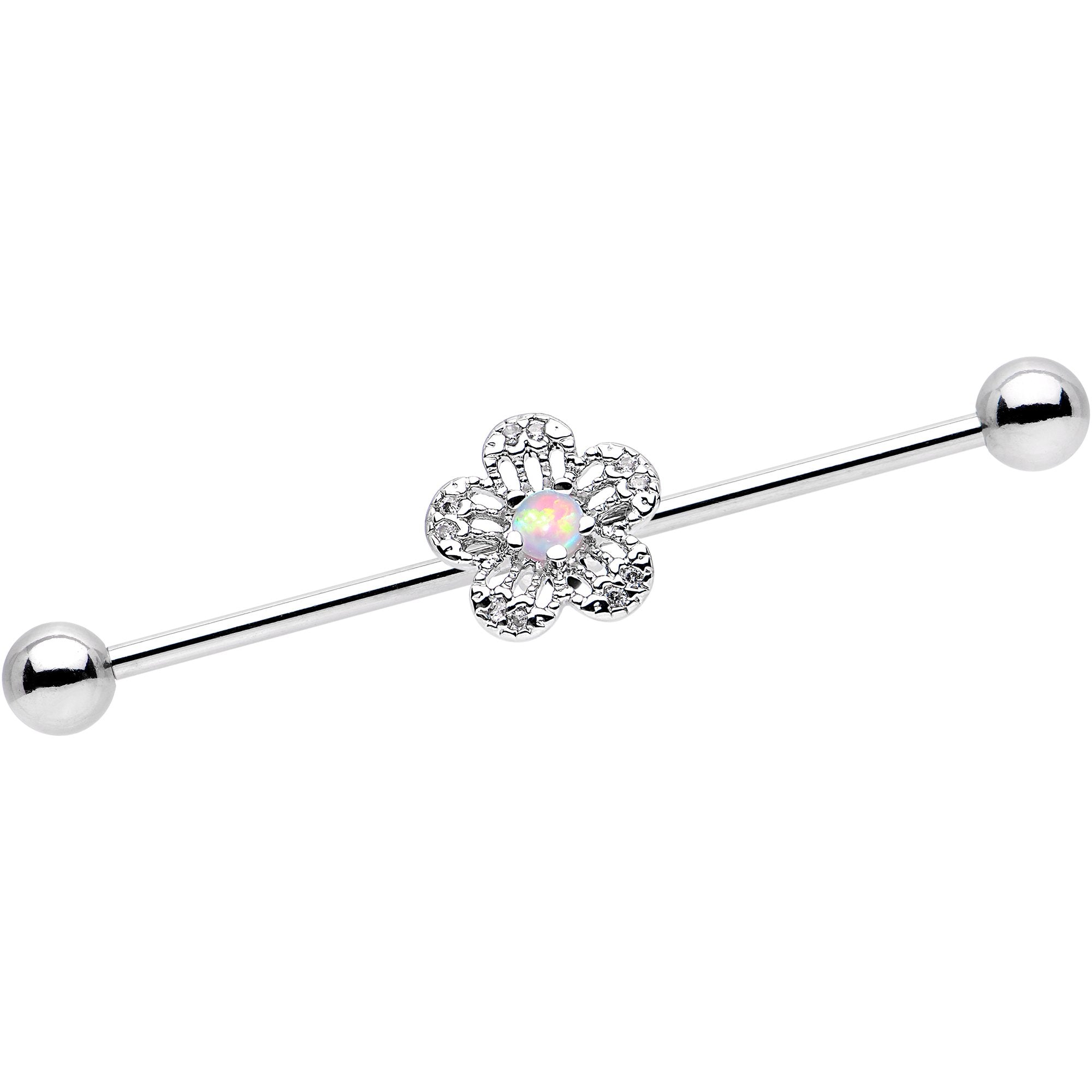 14G White Faux Opal Frozen Flower Industrial Barbell 38mm
