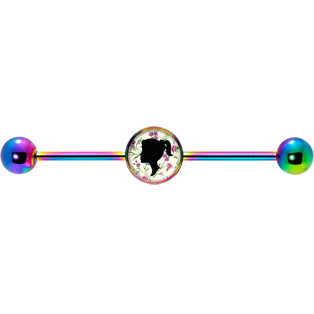 14G Woman Floral Silhouette Rainbow Industrial Barbell 37mm