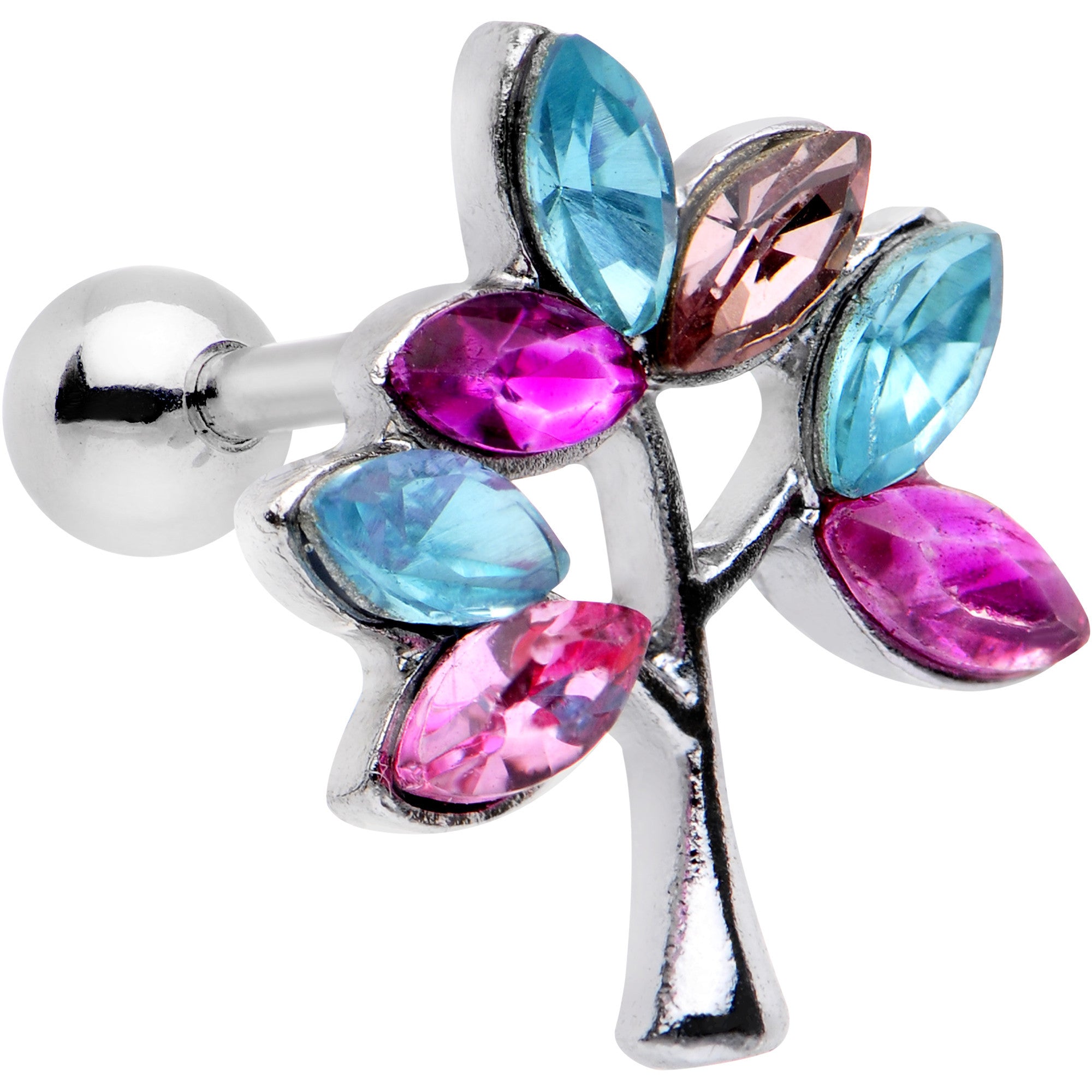 16G 1/4 Pink Blue Gem Joyful Tree Cartilage Tragus Earring