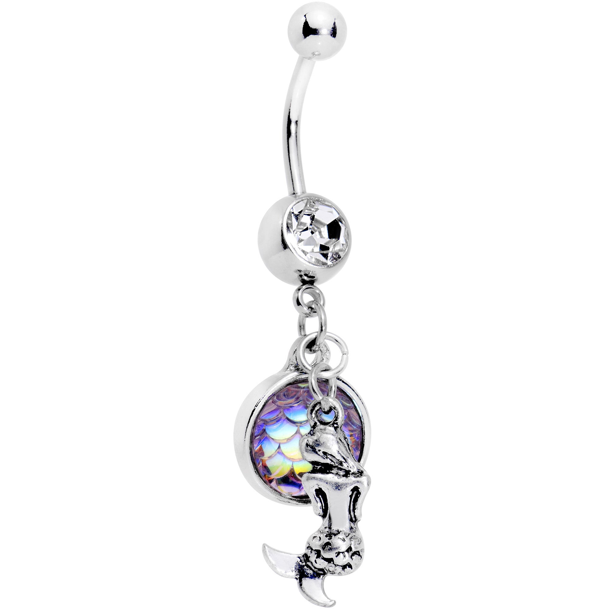 Clear Gem Iridescent Purple Scale Mini Mermaid Dangle Belly Ring