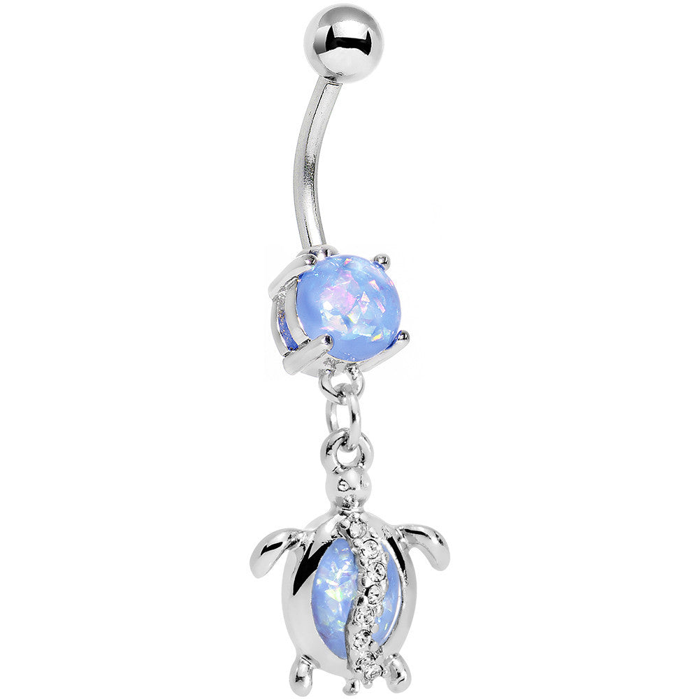 Aqua Faux Opal Clear Gem Beach Turtle Dangle Belly Ring