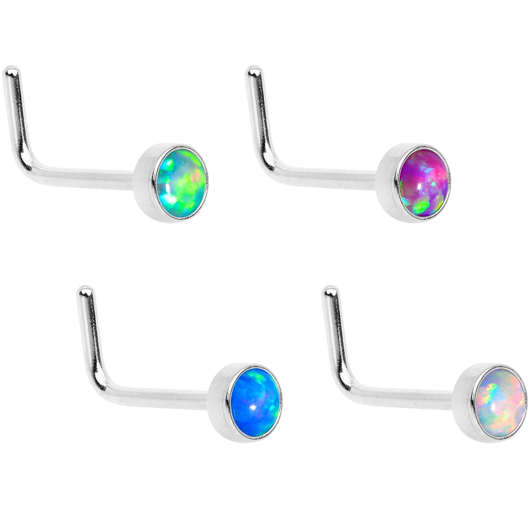 Multi Color 3mm Synthetic Opal Press Fit L Shaped Nose Ring 4 Pack Set