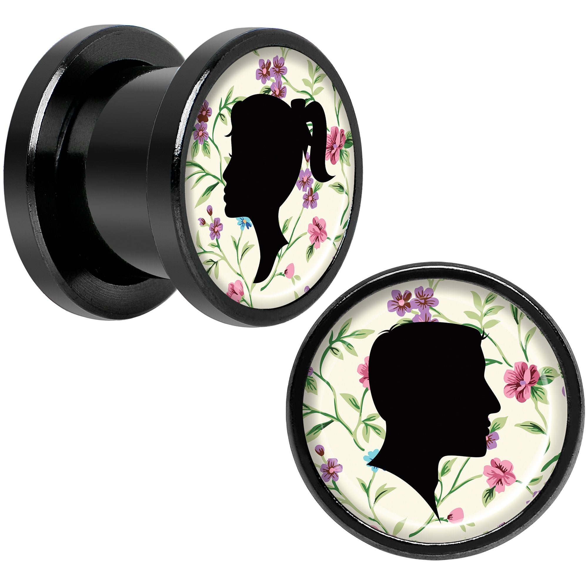 Man Woman Floral Silhouette Black Anodized Screw Fit Plug Set 00G