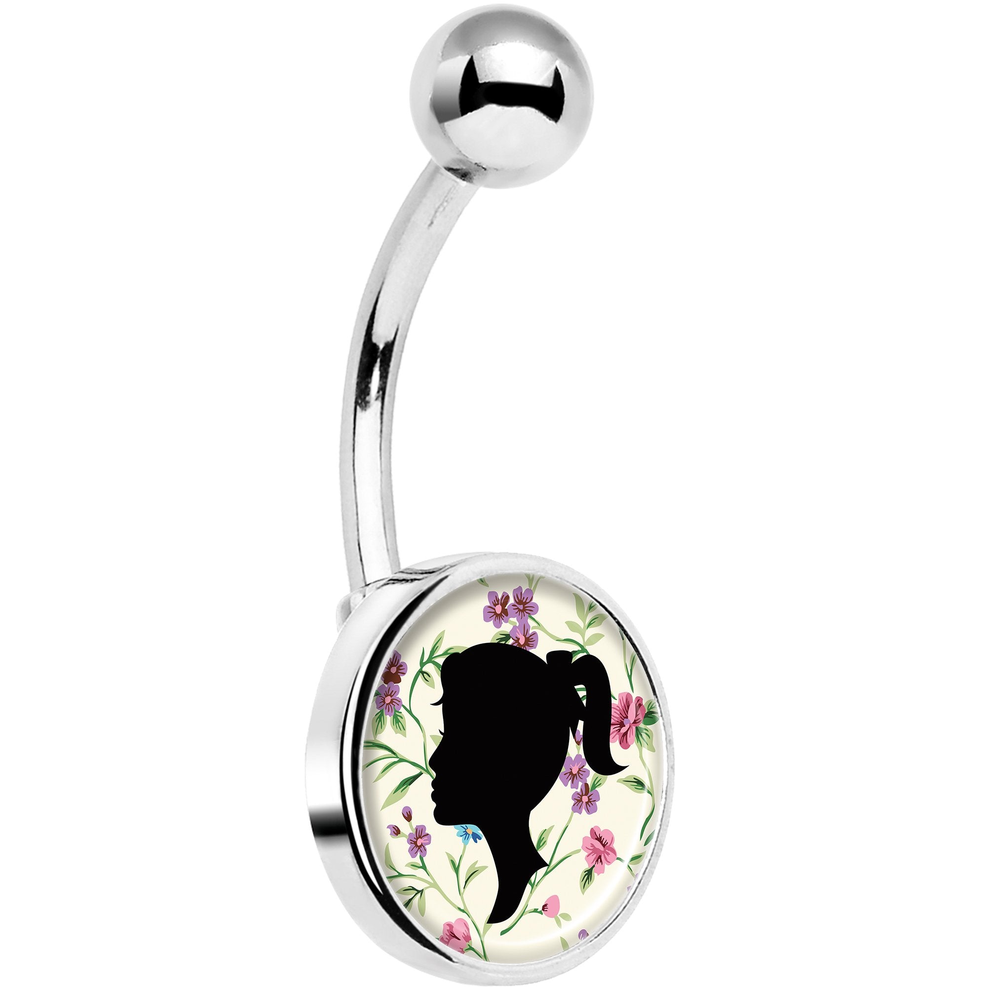 Woman Floral Silhouette Hypoallergenic Stainless Steel Belly Ring