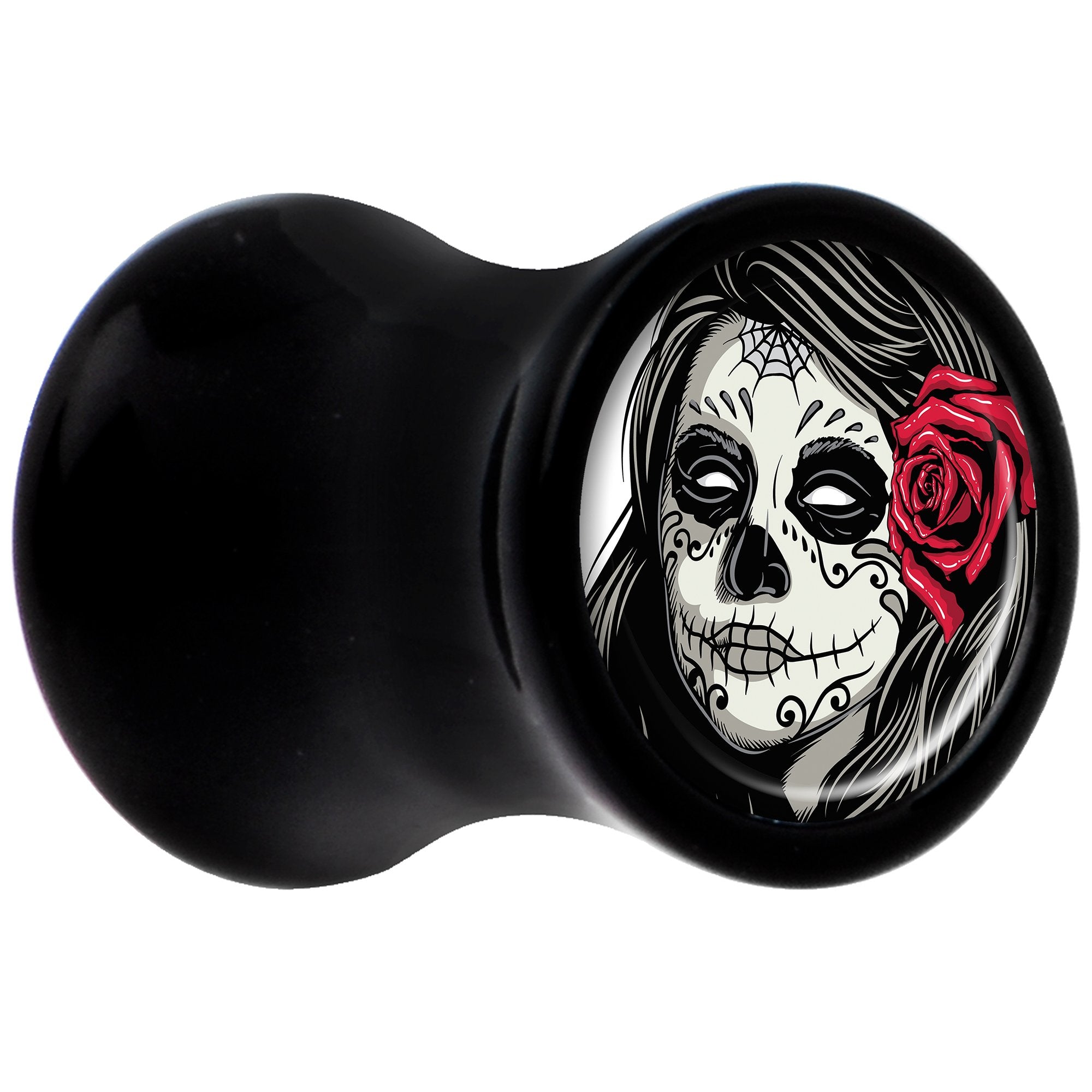 Black Acrylic Katrina Sugar Skull with Rose Flower Saddle Plug Set 2G