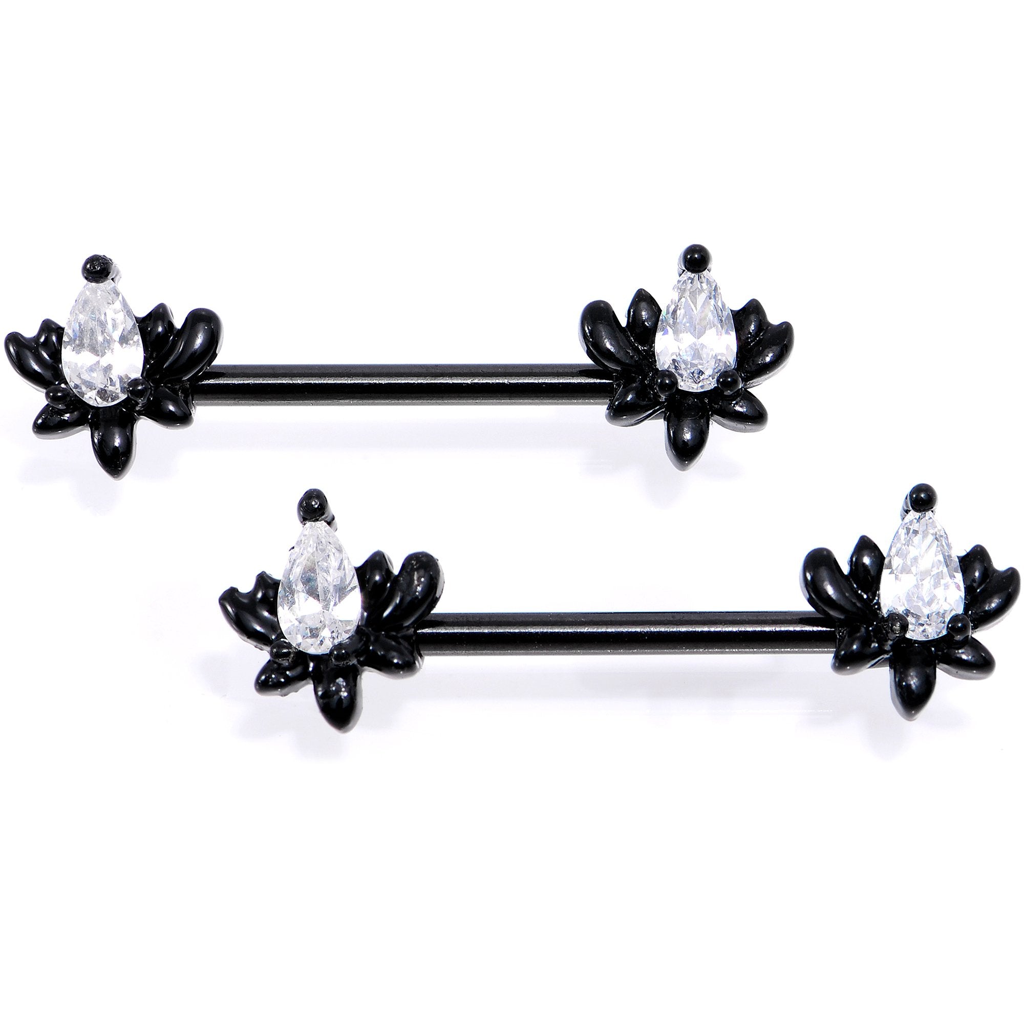 White Gem Black Anodized Fiery Flame Barbell Nipple Ring Set