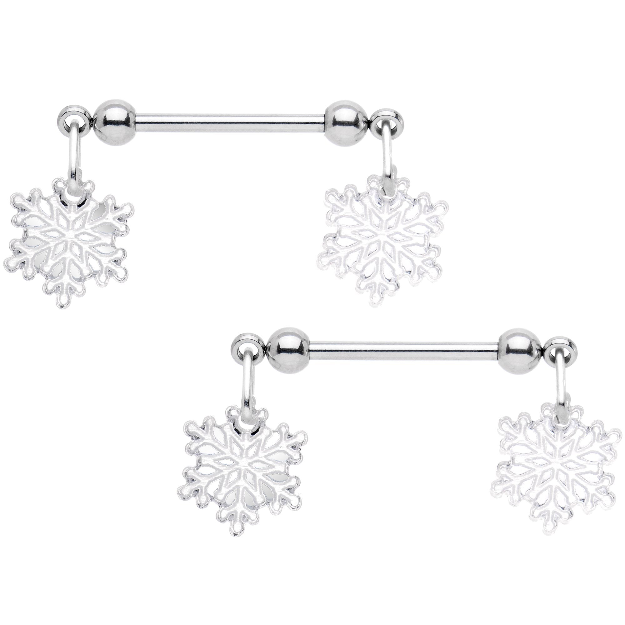 14 Gauge 5/8 Winter Snowflake Dangle Barbell Nipple Ring Set