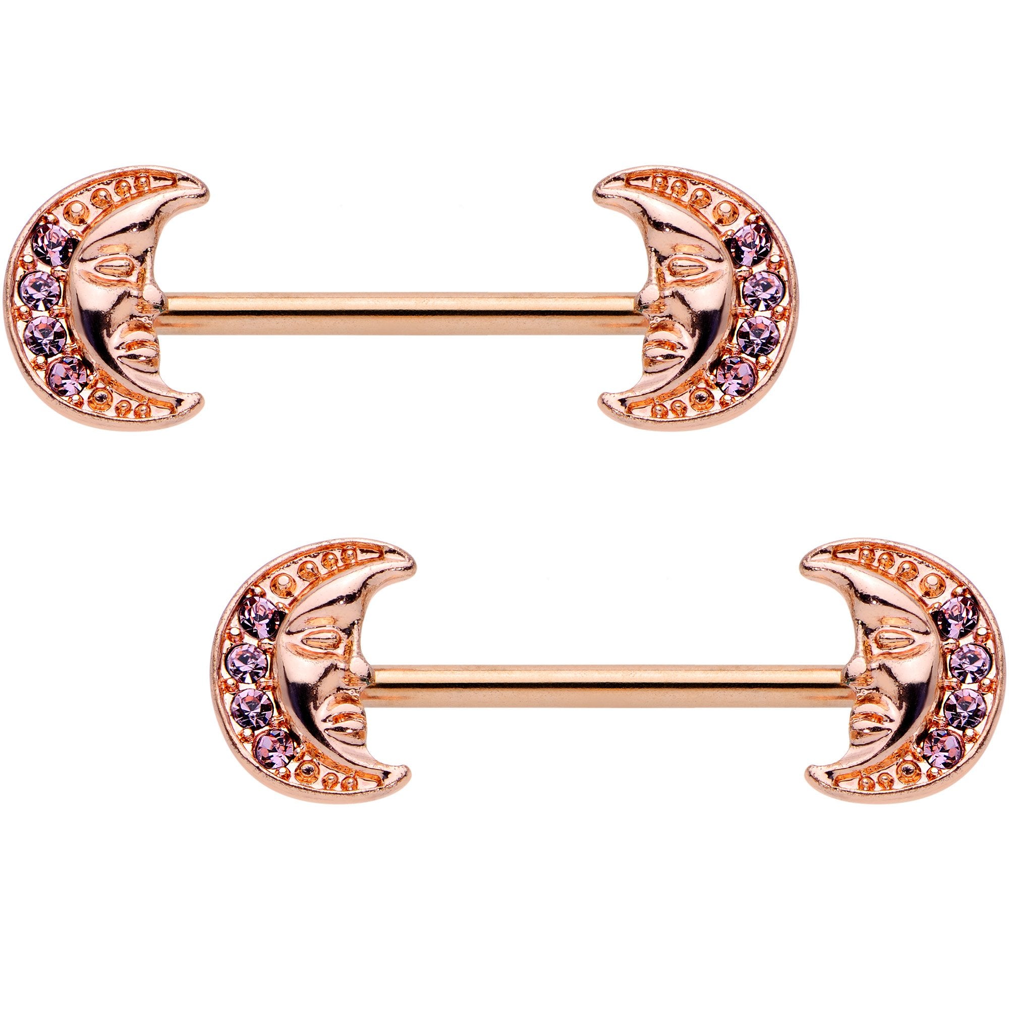 5/8 Purple Gem Rose Gold Tone Anodized Moon Barbell Nipple Ring Set