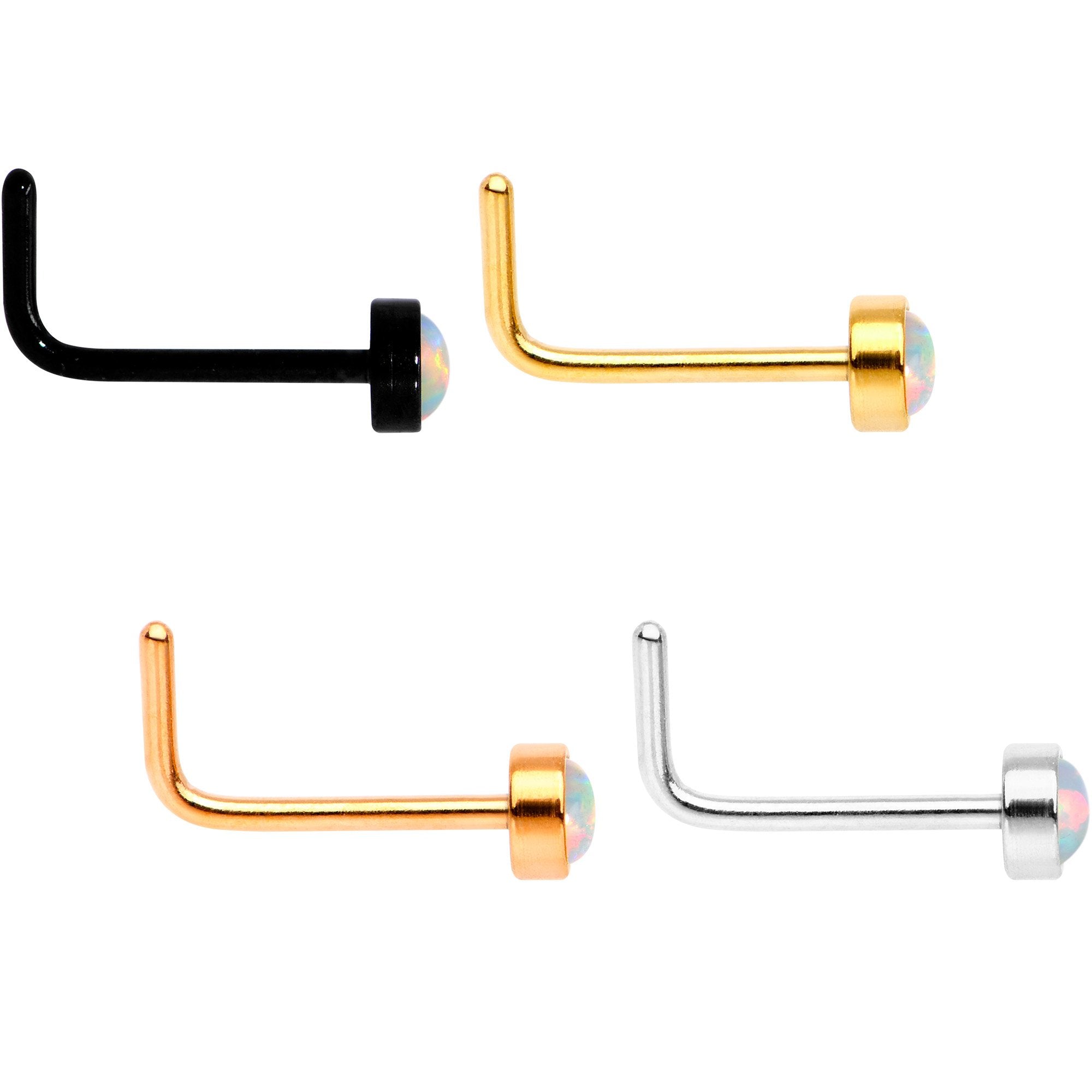 White 3mm Synthetic Opal Anodized Press Fit L Shaped Nose Ring 4 Pack Set