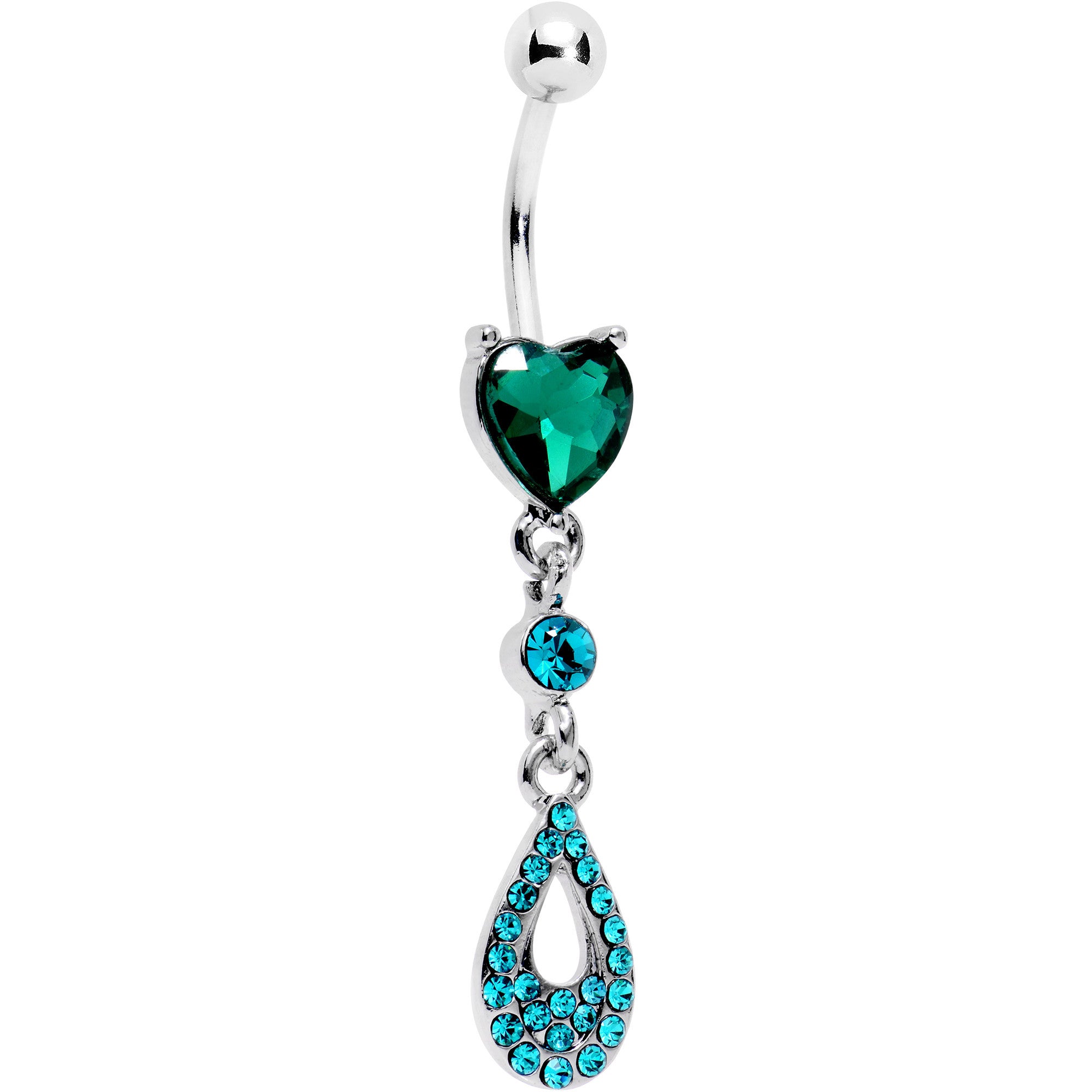 Green Aqua Gem Valentine Dew Drop Heart Dangle Belly Ring