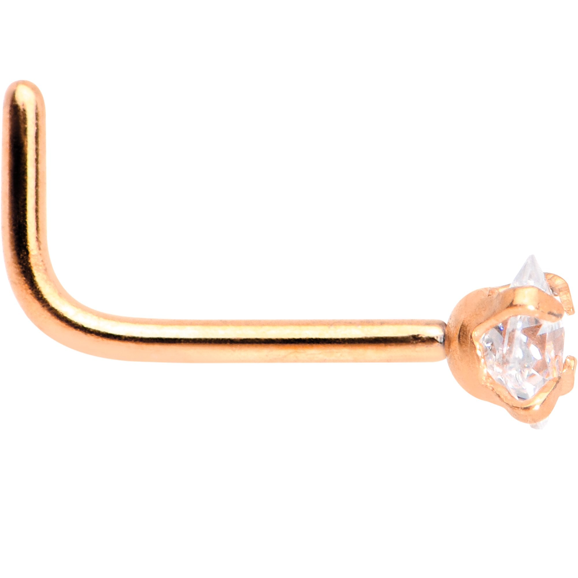 20G 1/4 Clear Square 2.5mm CZ Gem Rose Gold IP L-Shape Nose Ring