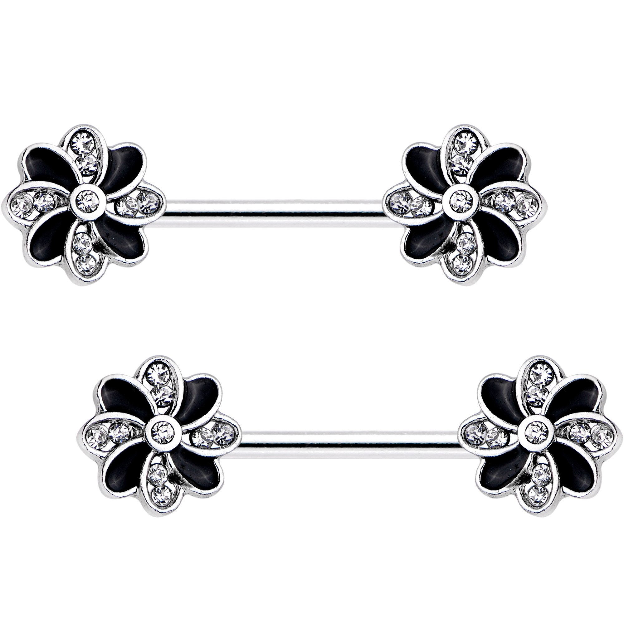 9/16 Clear Gem Pinwheel Flower Barbell Nipple Ring Set