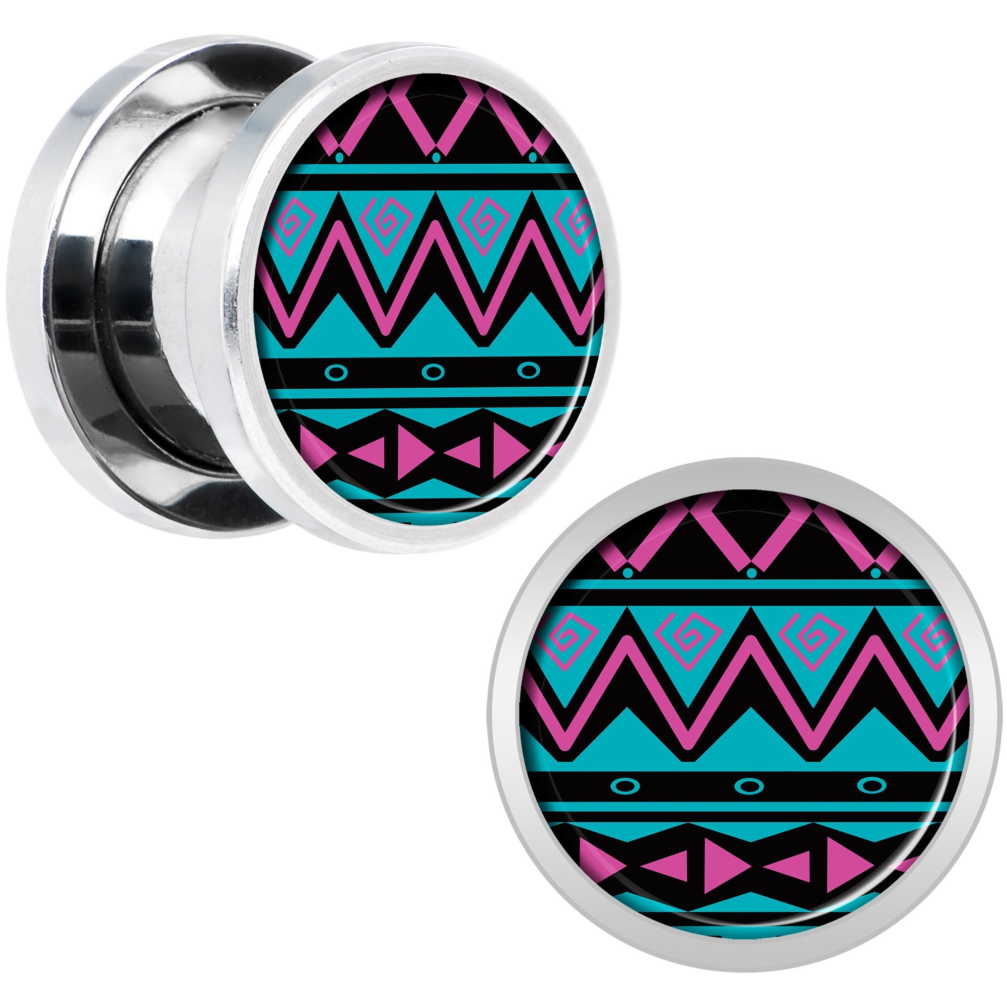Pink Teal Tribal Print Steel Screw Fit Plug Set 00G