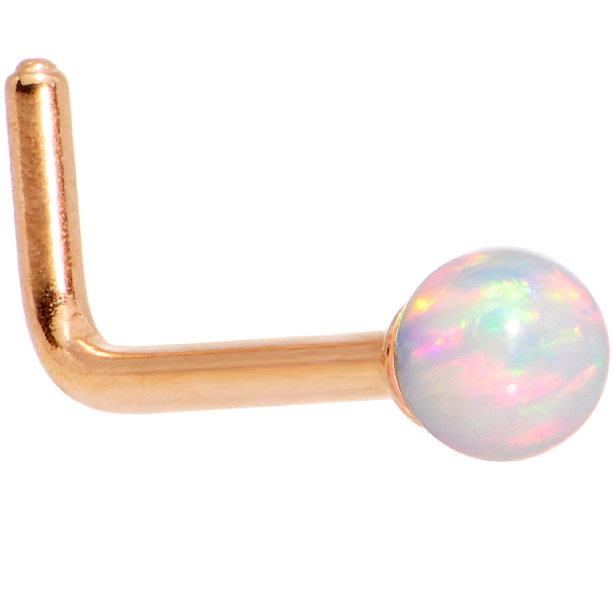 White 2.5mm Synthetic Opal Ball Rose Gold Tone L-Shape Nose Ring