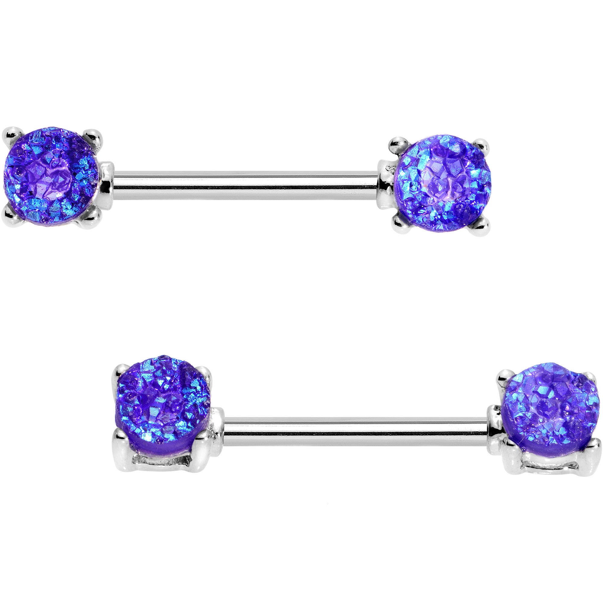 14G 9/16 Purple Faux Druzy Steel Barbell Nipple Ring Set
