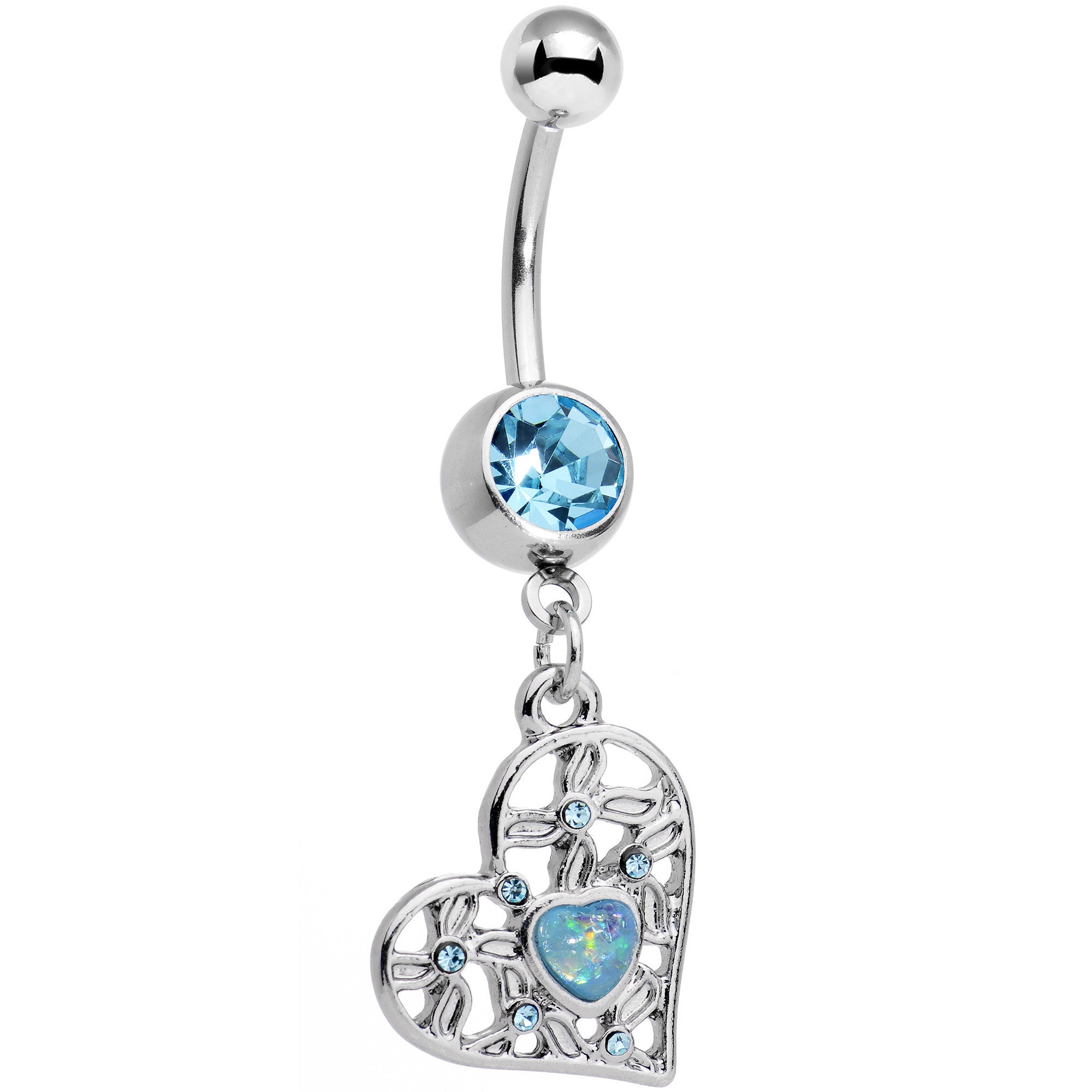 Blue Faux Opal Aqua Gem Sea Heart Dangle Belly Ring