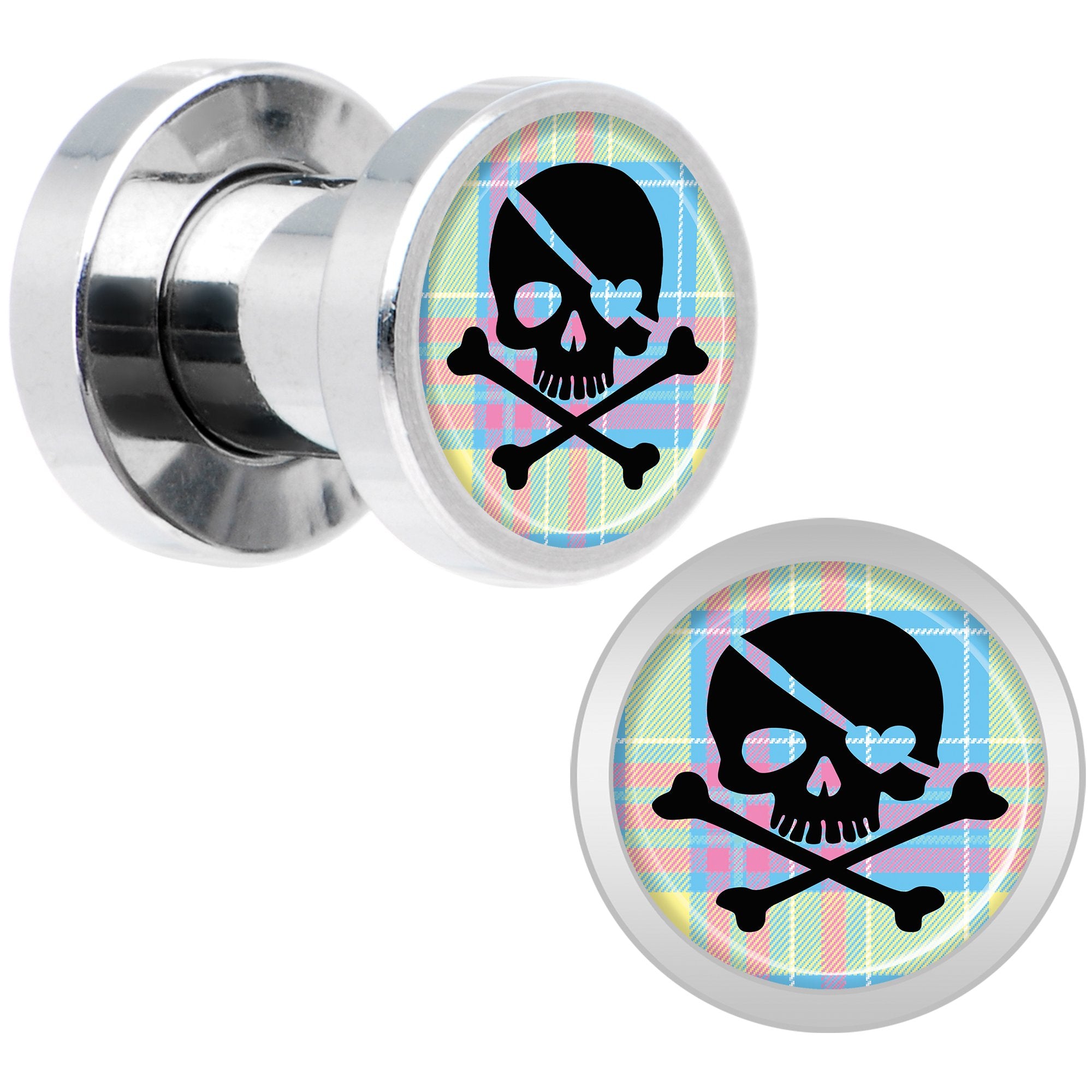 Pink Green Plaid Heart Skull Steel Screw Fit Plug Set 4G