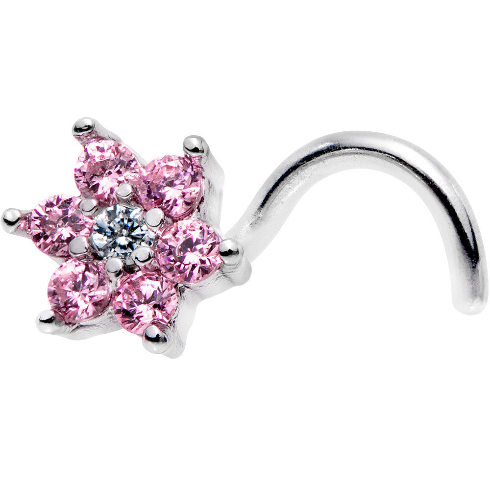 18G 1/4 Pink and Clear CZ Gem Flower Left Nose Screw