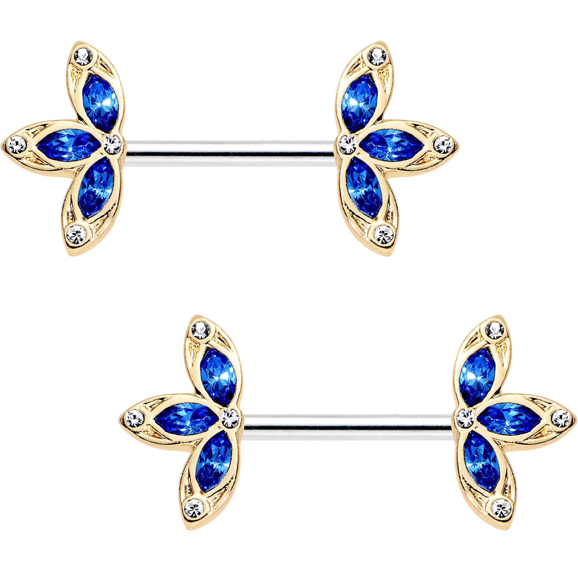 14G 9/16 Clear Blue Gem Fleur de Seins Barbell Nipple Ring Set