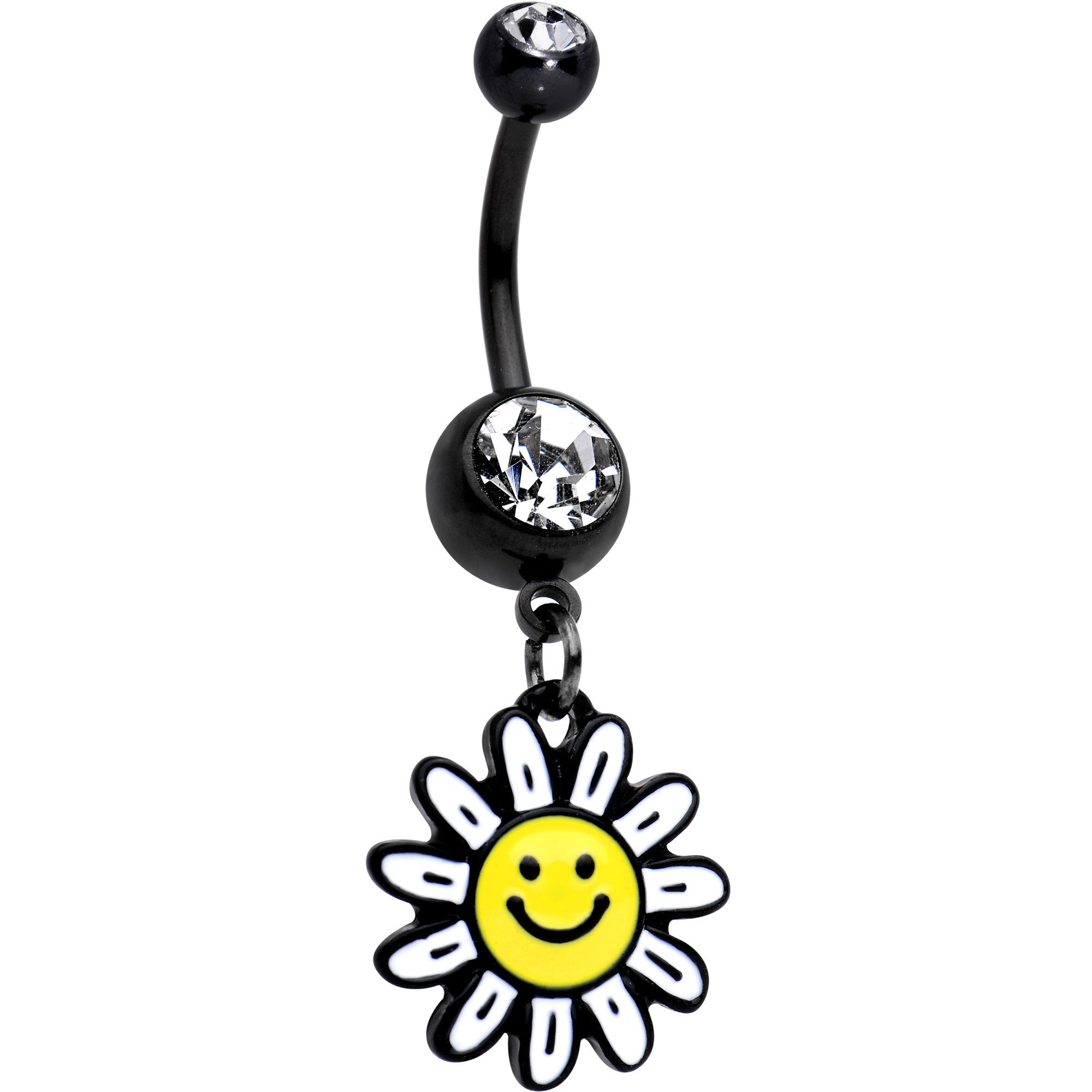 Clear Gem Black Anodized Smiley Flower Dangle Belly Ring