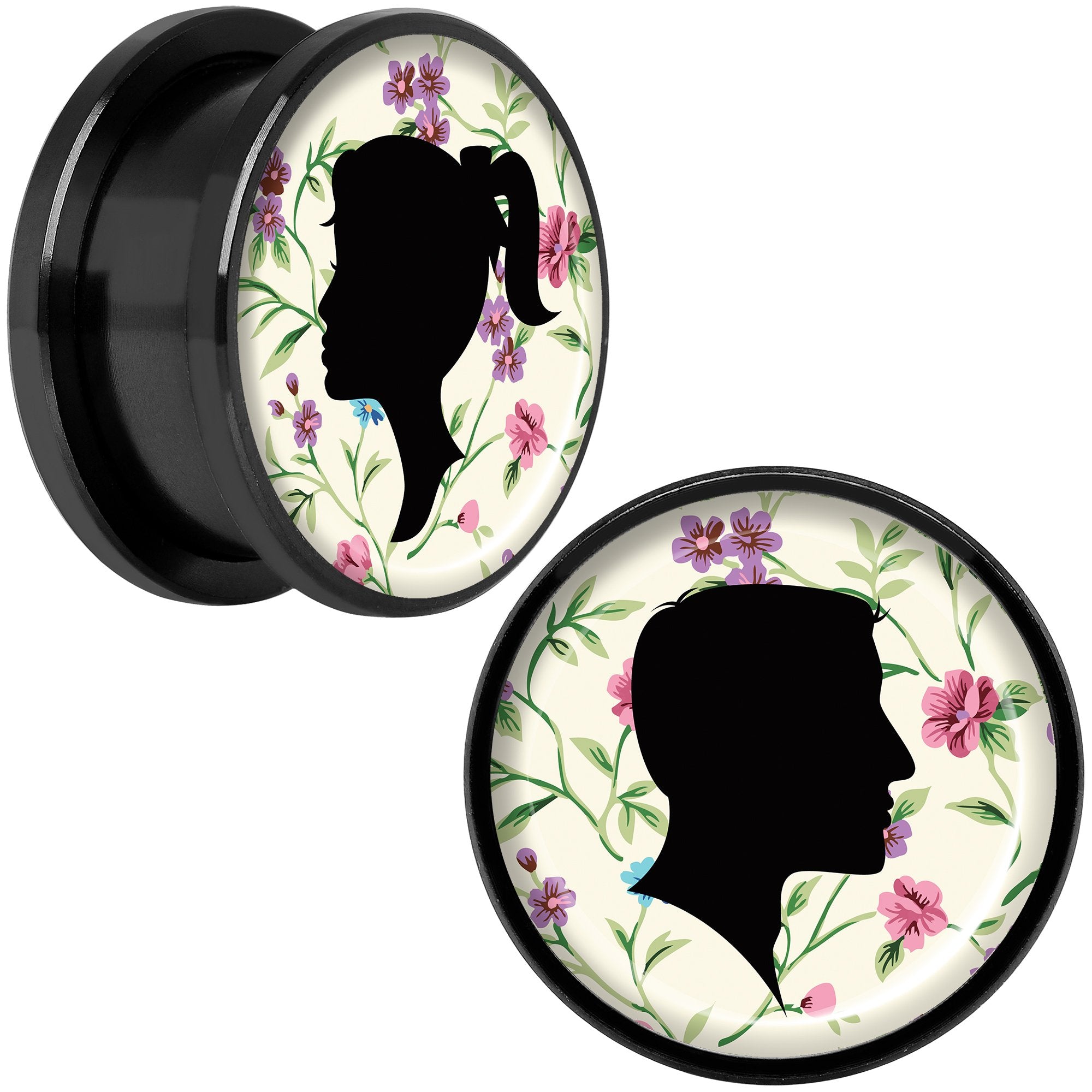 Man Woman Floral Silhouette Black Anodized Screw Fit Plug Set 18mm