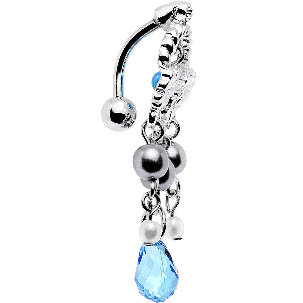 Aqua Blue Gem Embellished Flower Crown Top Mount Dangle Belly Ring