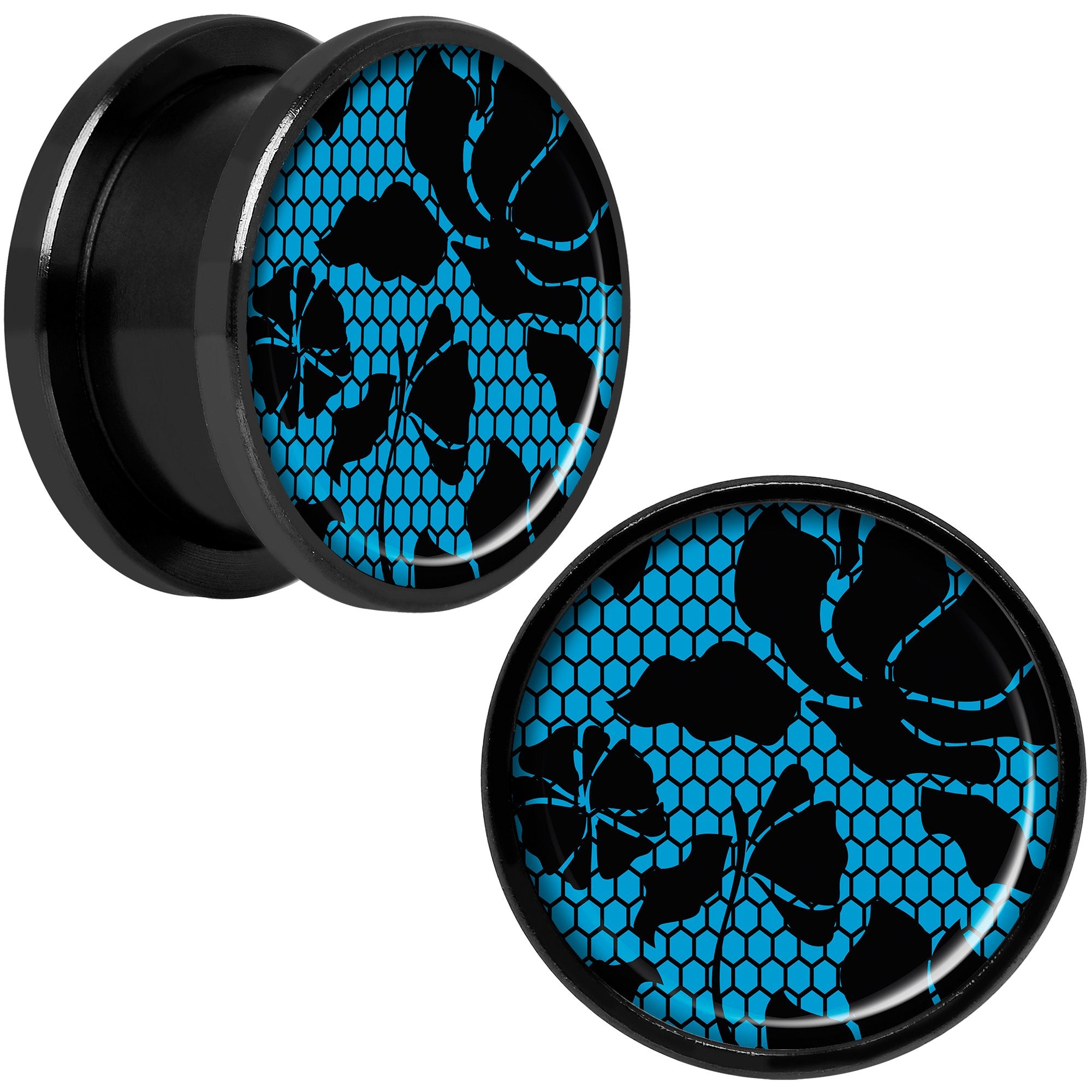 Blue Floral Lace Black Anodized Screw Fit Plug Set 5/8
