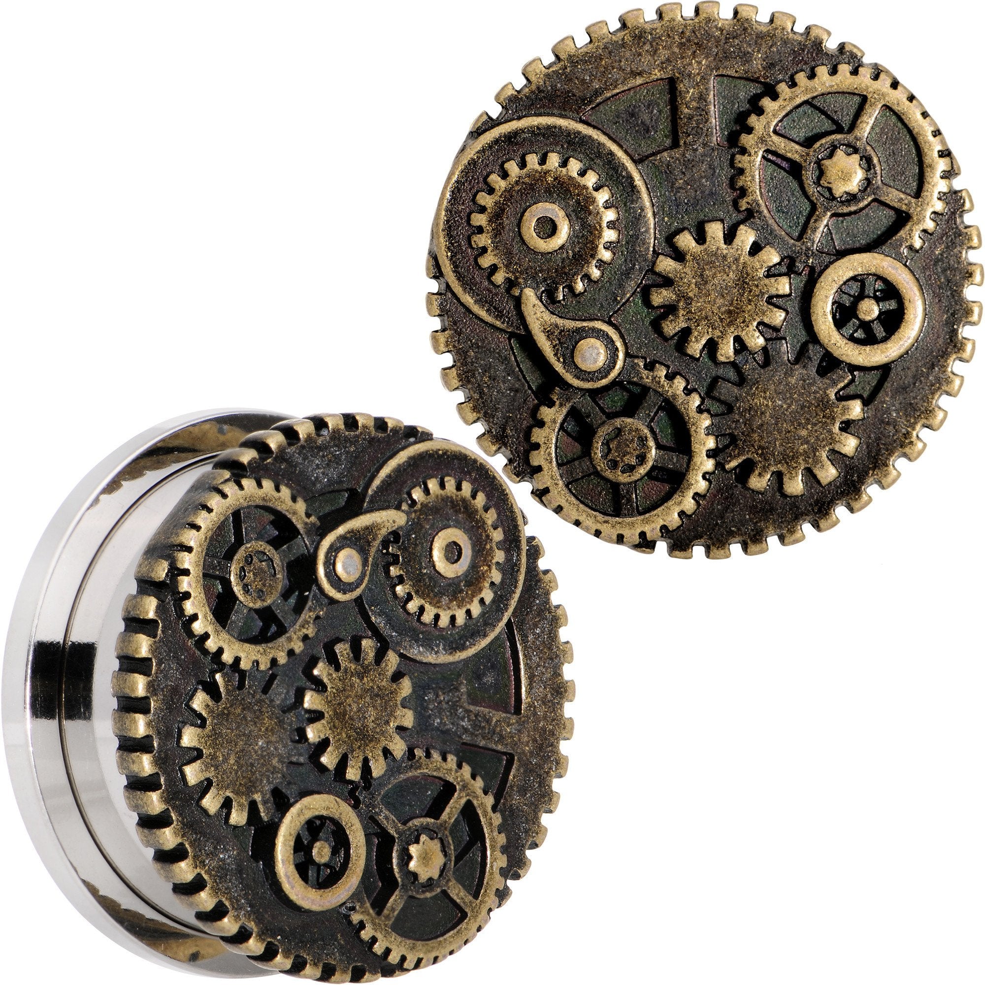 Steampunk Gears and Gizmos Screw Fit Tunnel Plug Set 2G to 1 Inch