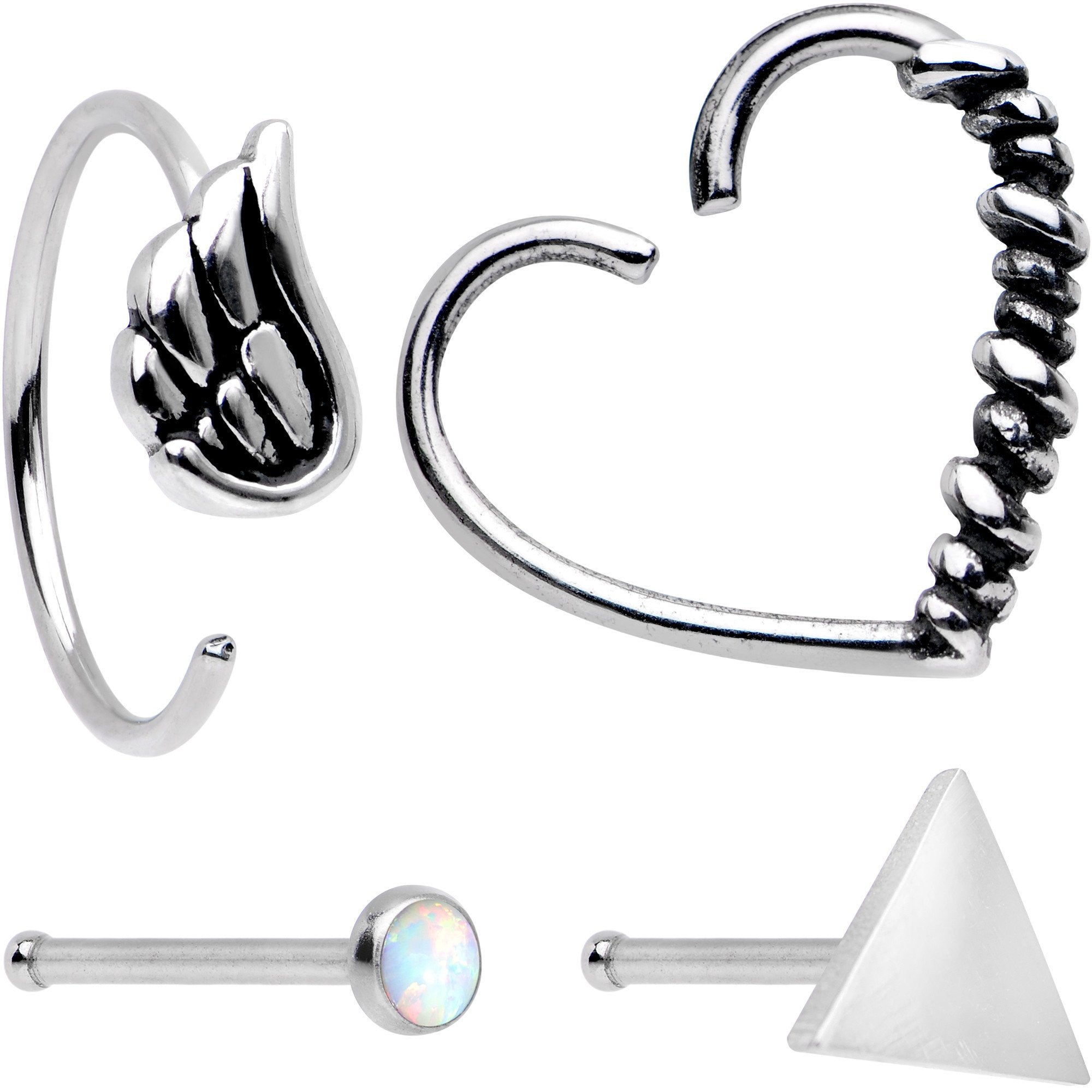 20G Wings Heart Nose Bone Heart Closure Ring Pack Set of 4