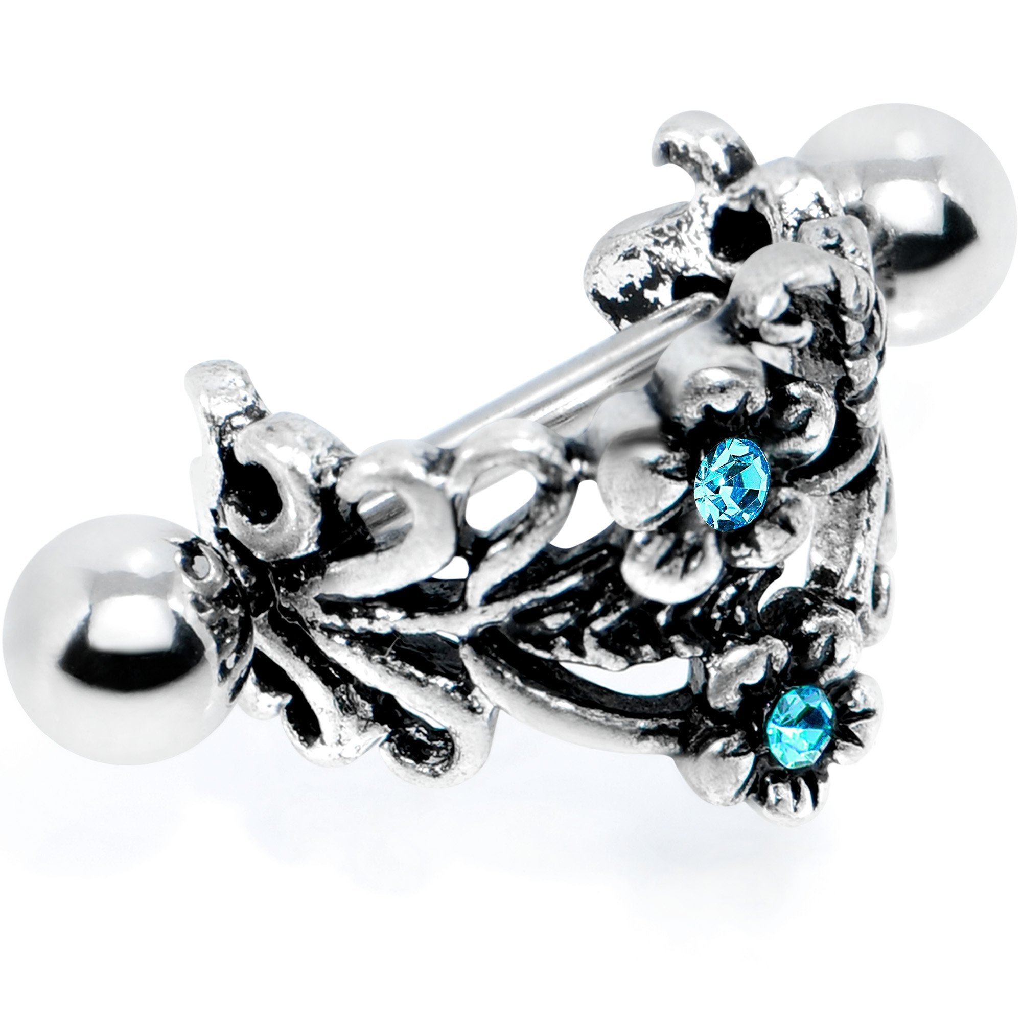 16G 1/2 Blue Gem Double Daisy Flower Cuff Cartilage Earring