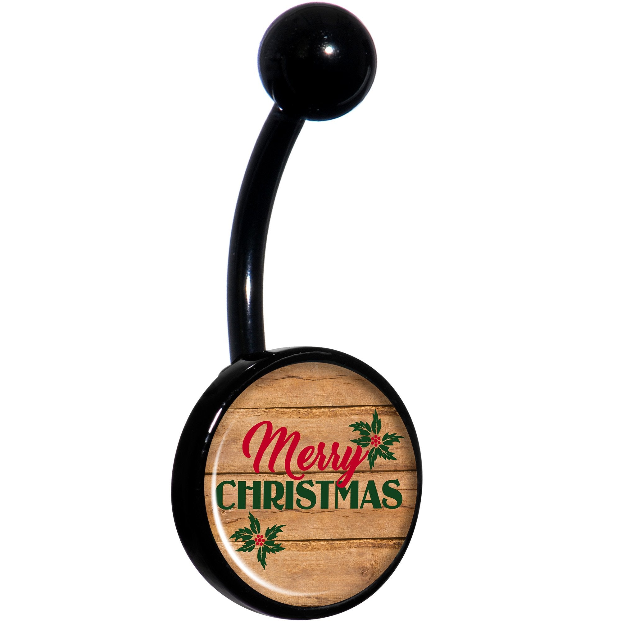 Rustic Wood Merry Christmas Black Hypoallergenic Stainless Steel Belly Ring