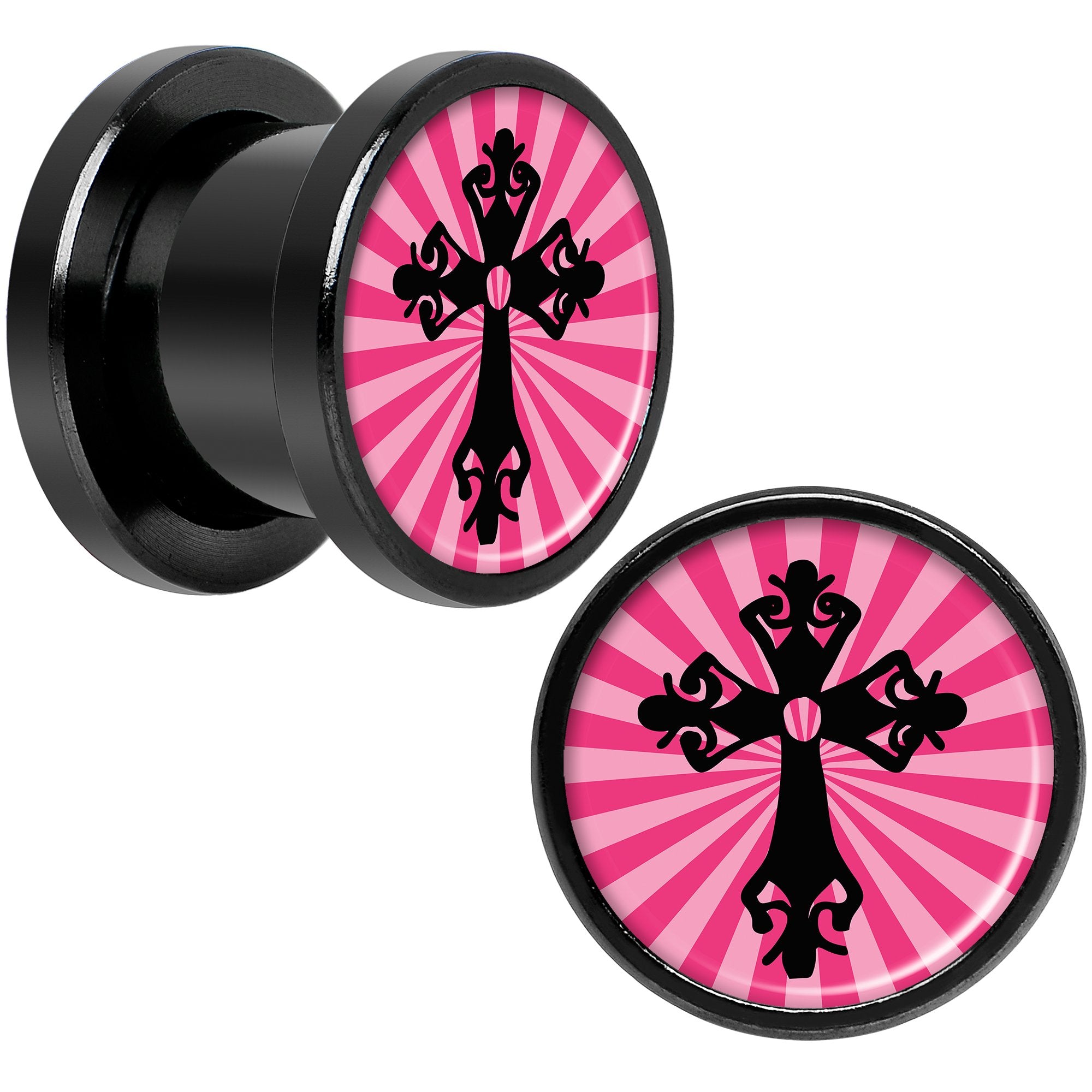 Pink Black Radiant Cross Black Anodized Screw Fit Plug Set 00G