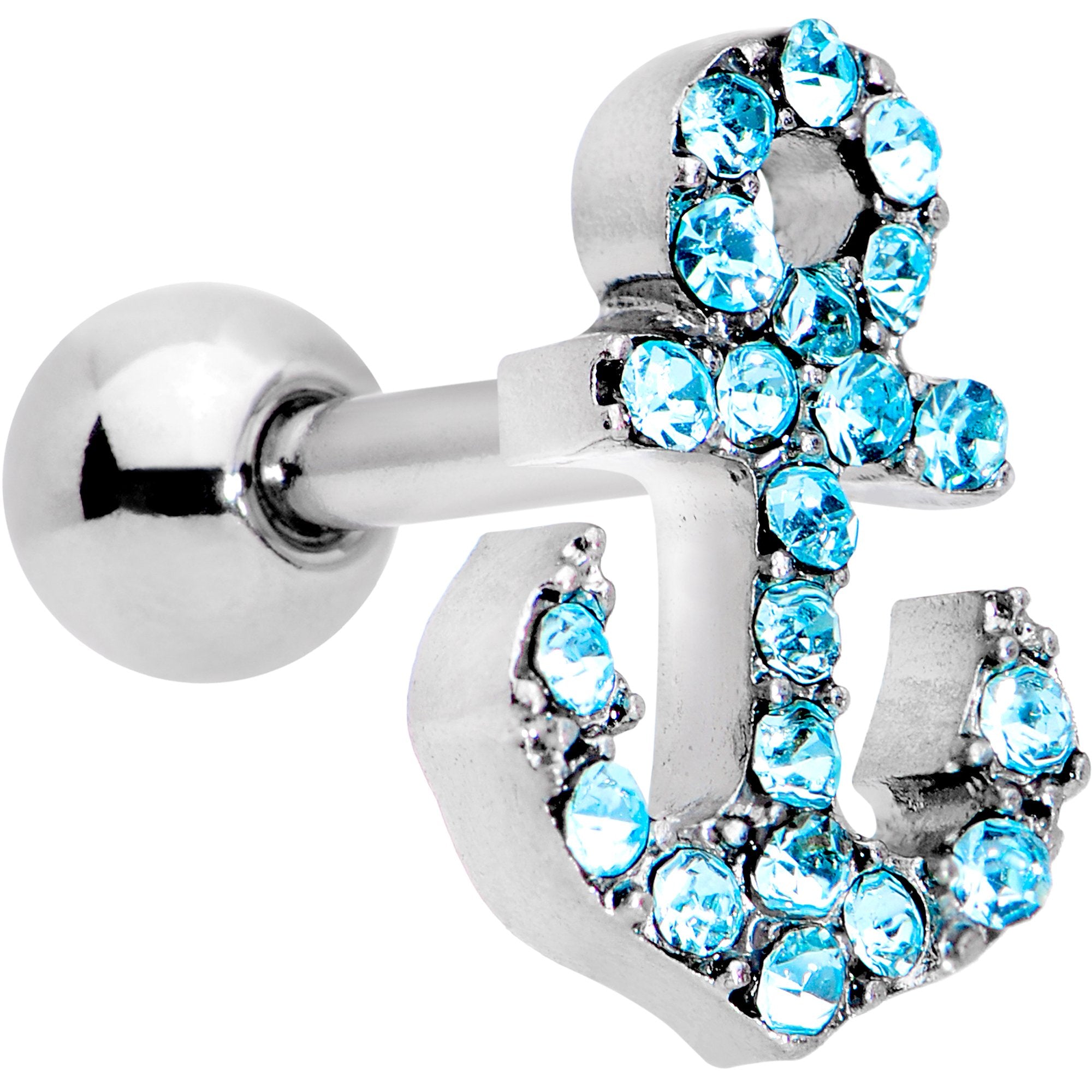 16G 1/4 Aqua Gem Nautical Anchor Cartilage Tragus Earring