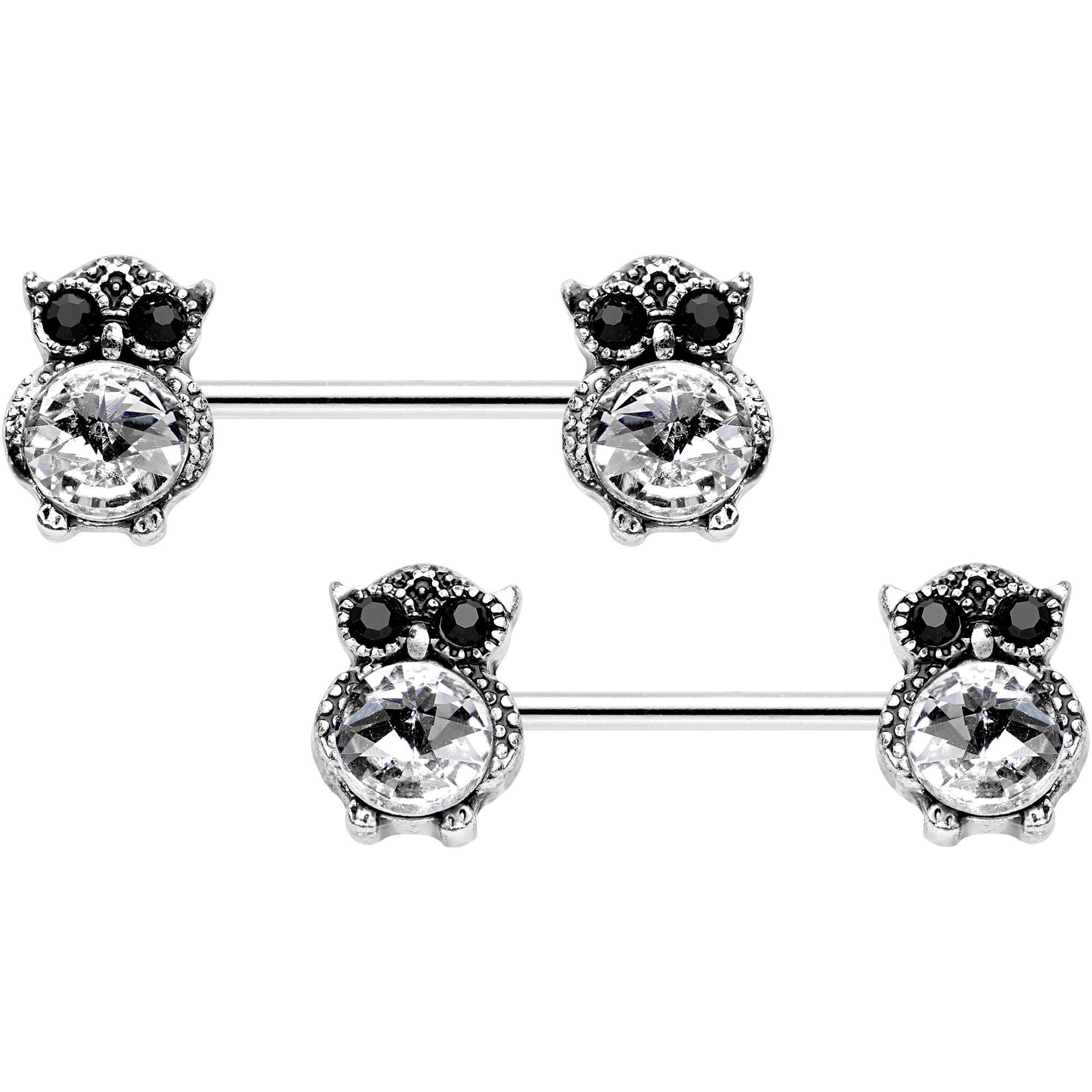9/16 Clear Black Gem Mystical Owl Barbell Nipple Ring Set