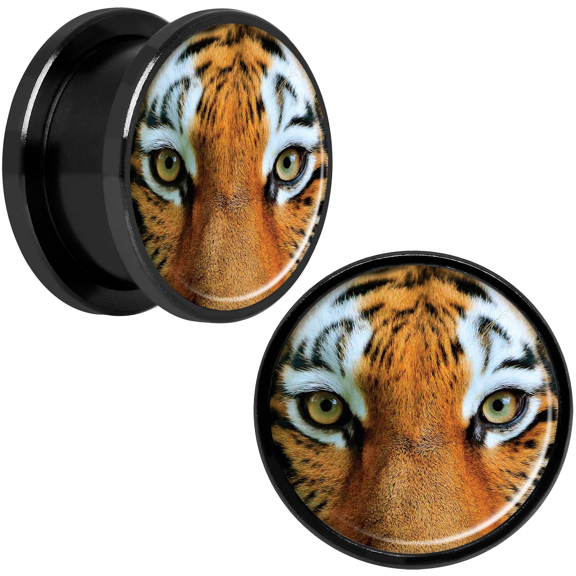 Full Color Tiger Eyes Black Anodized Screw Fit Plug Set 5/8