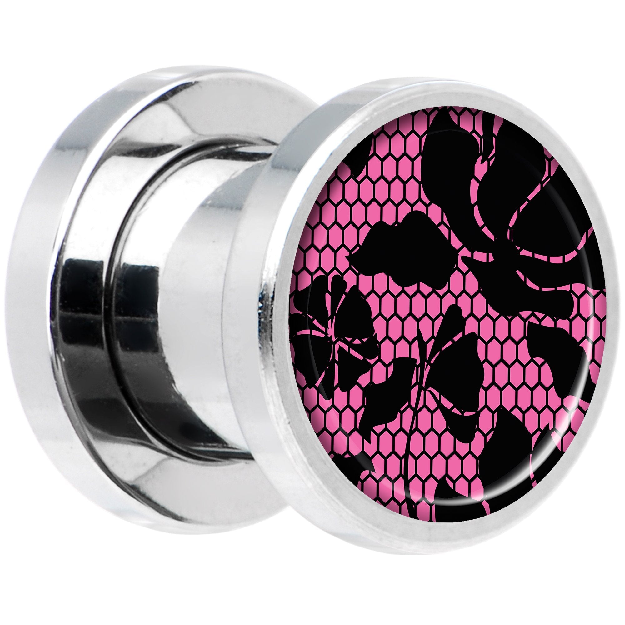 Pink Floral Lace Steel Screw Fit Plug Set 0G