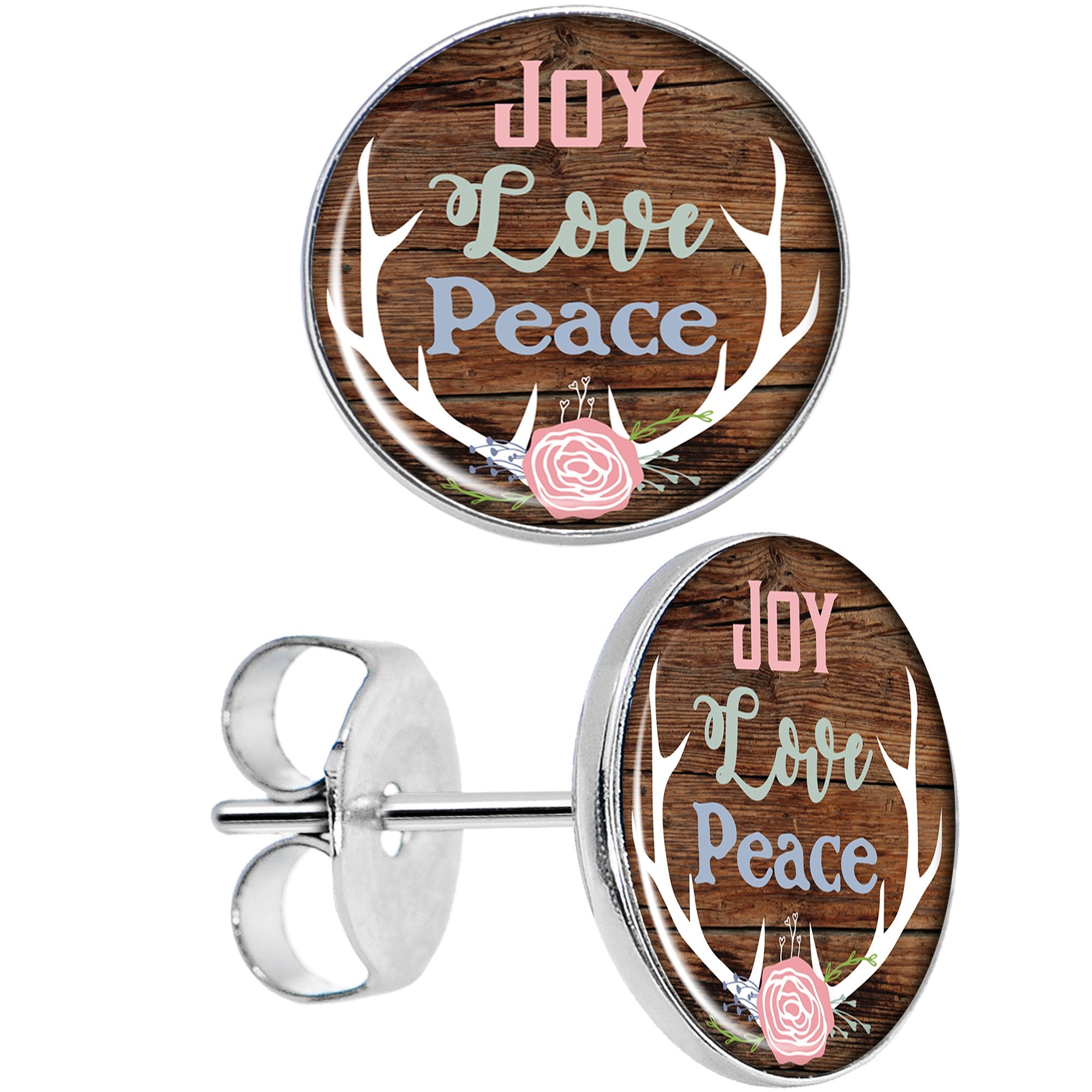 Joy Love Peace Antlers Hypoallergenic Stainless Steel Stud Earrings