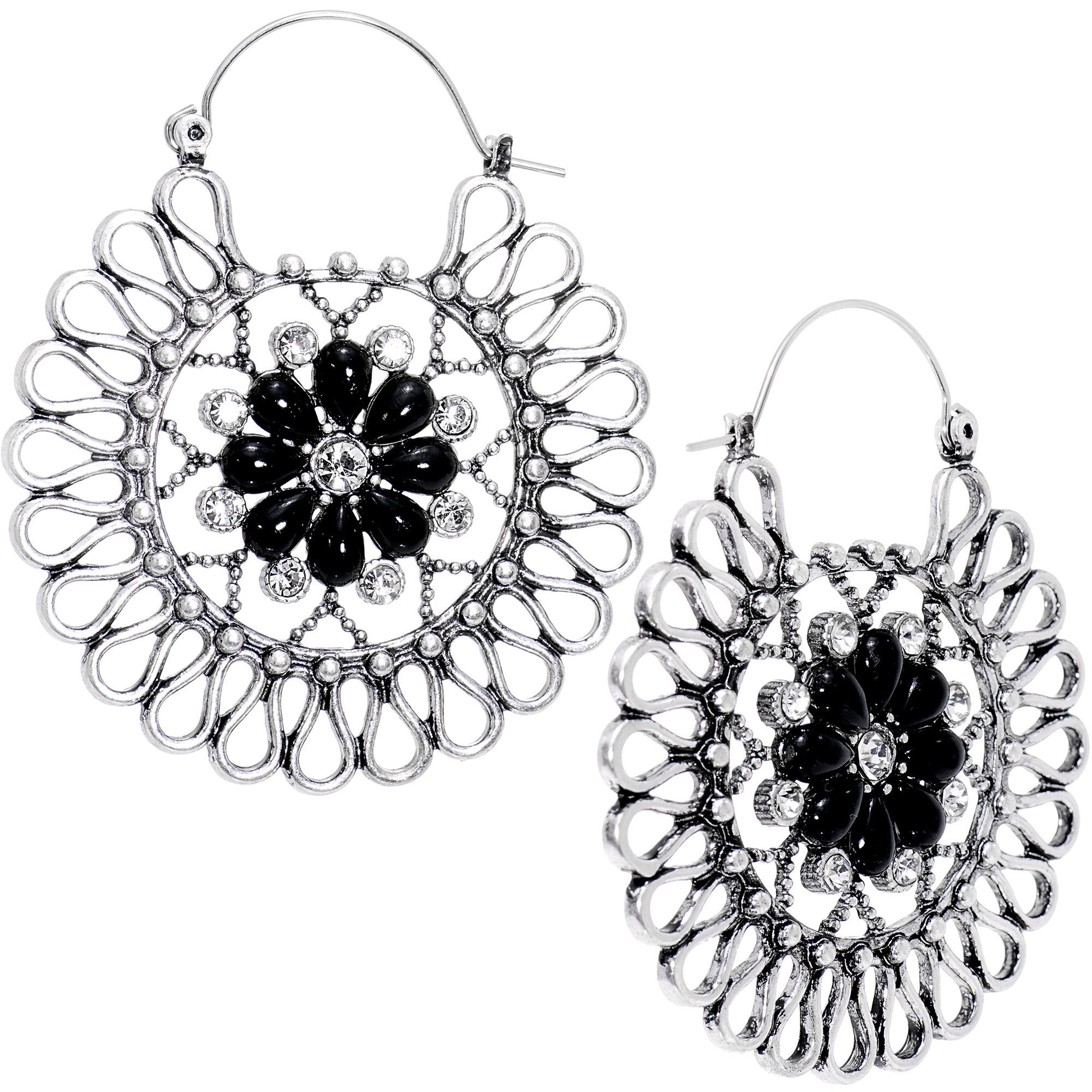 Clear Black Gem Twists and Flowers Tunnel Plug Earrings