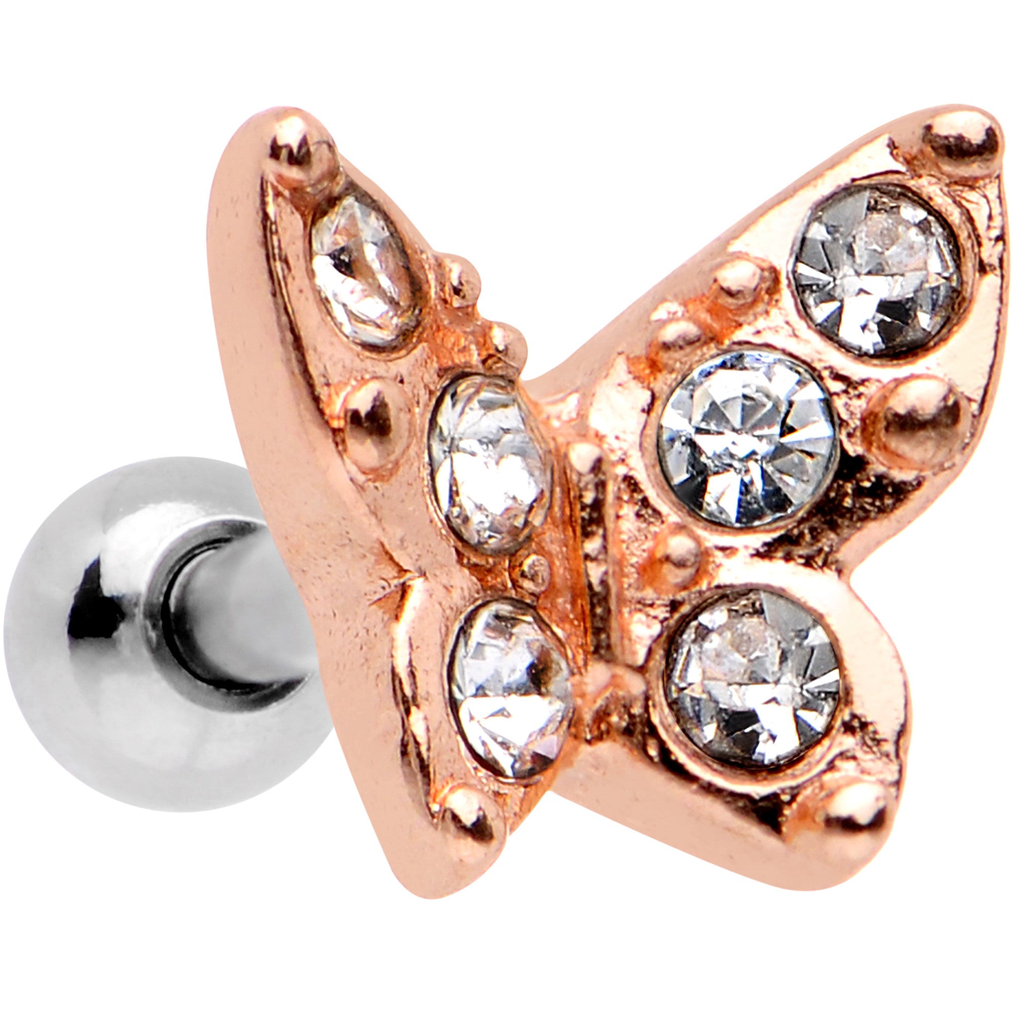 16G Clear Gem Rose Gold Tone Butterfly Tragus Cartilage Earring